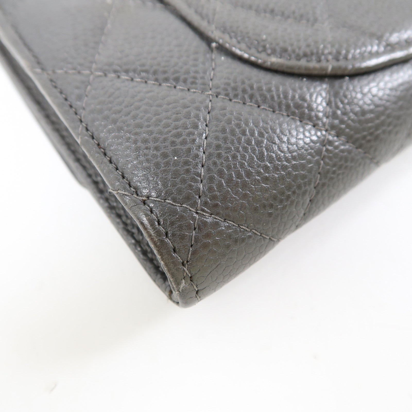 CHANEL 牛皮皮革Long Wallet銀扣長錢包灰色