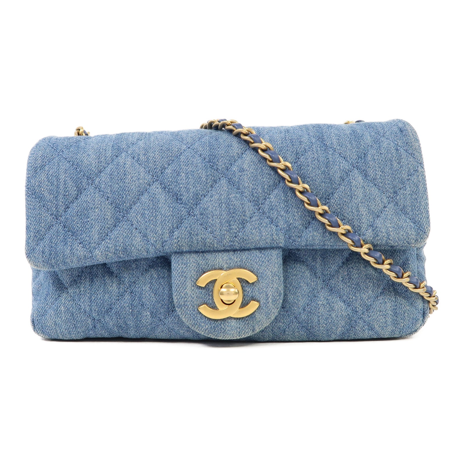 CHANEL 牛仔布Classic Flap 20cm金扣鏈帶肩背袋藍色