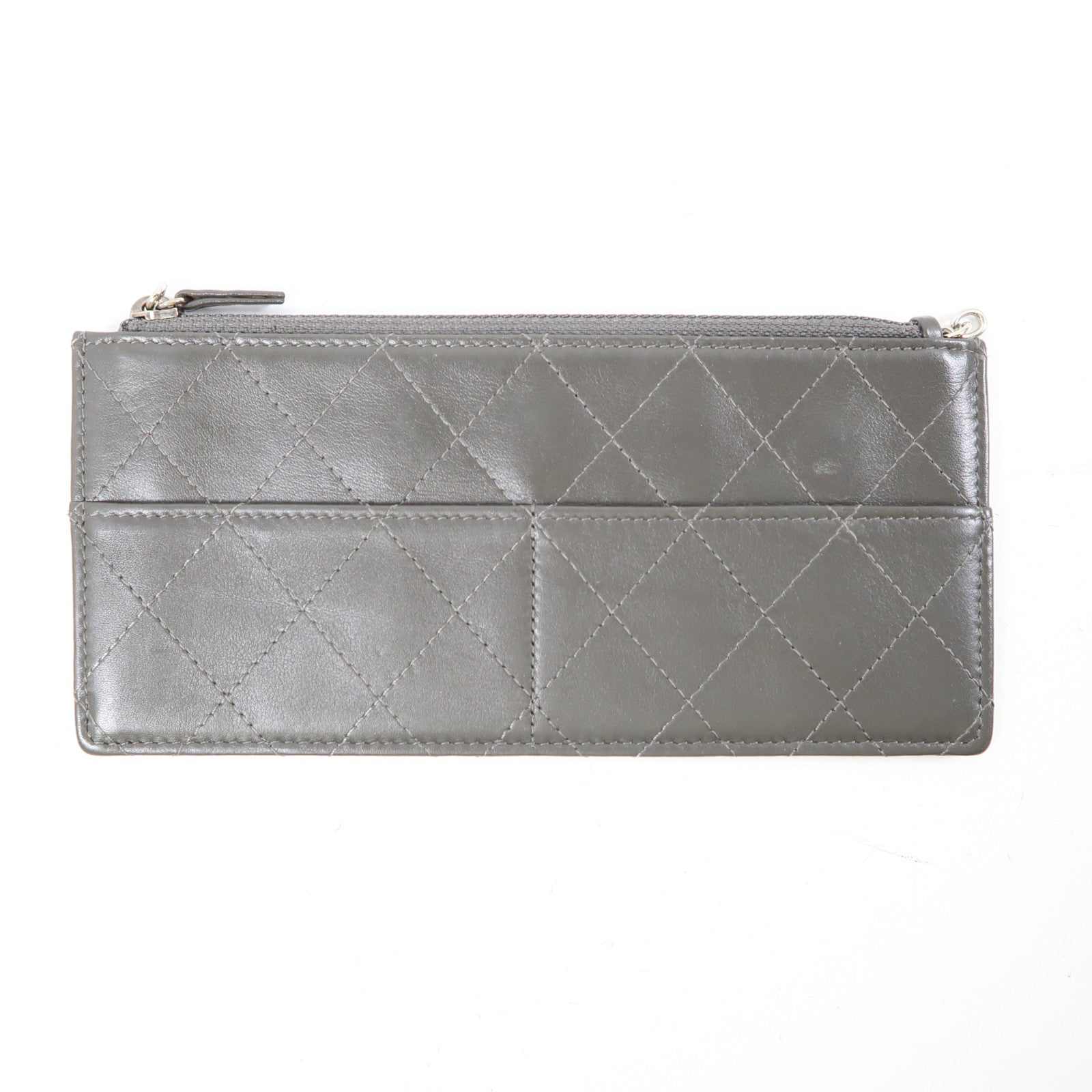 CHANEL 牛皮皮革Long Wallet銀扣長錢包灰色