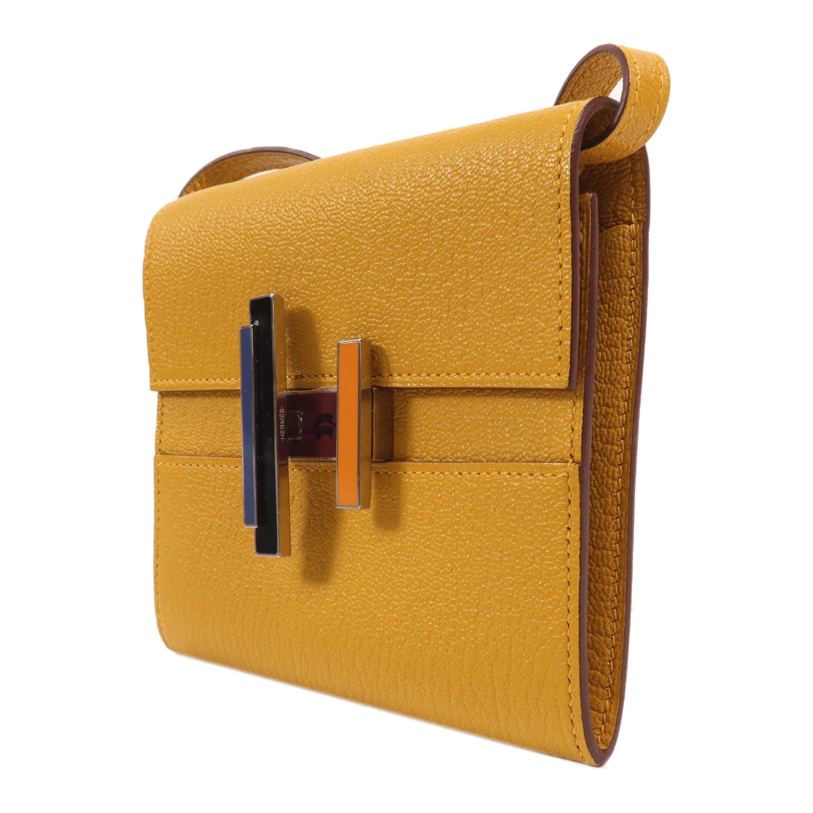 HERMES Chevre皮革Cinhetic To Go銀扣肩背袋Jaune Ambre