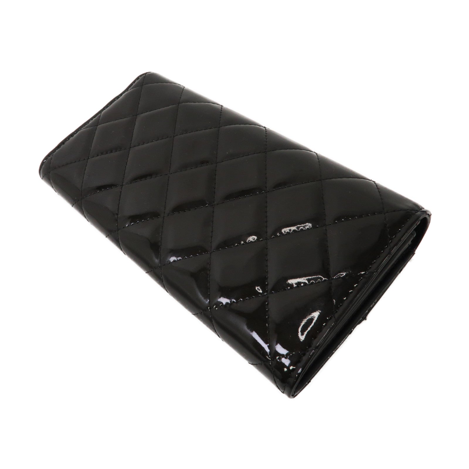 CHANEL 菱格漆皮皮革Long Wallet金扣長錢包黑色