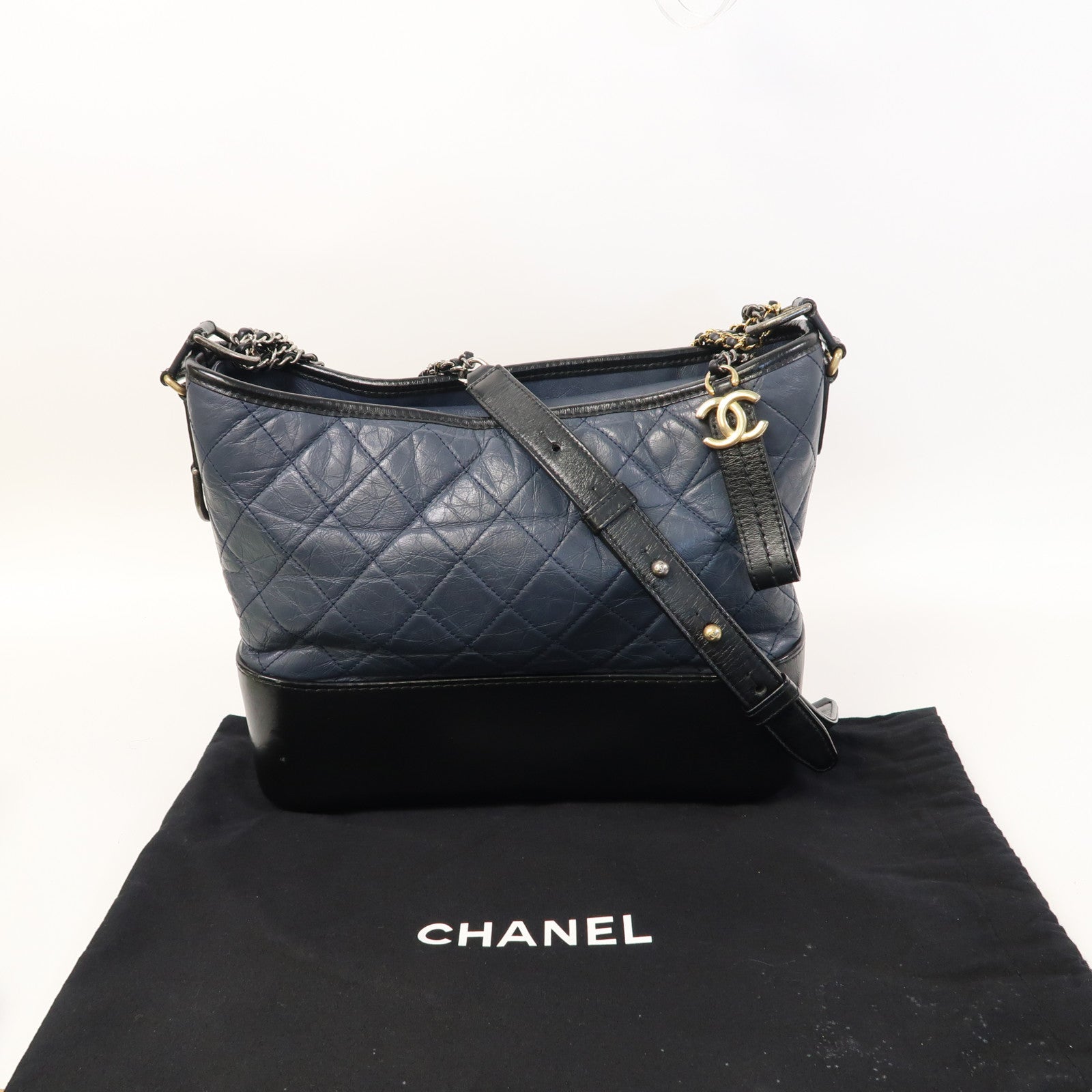 CHANEL 【激減優惠】菱格牛皮皮革Gabrielle鏈帶肩背袋藍色/黑色
