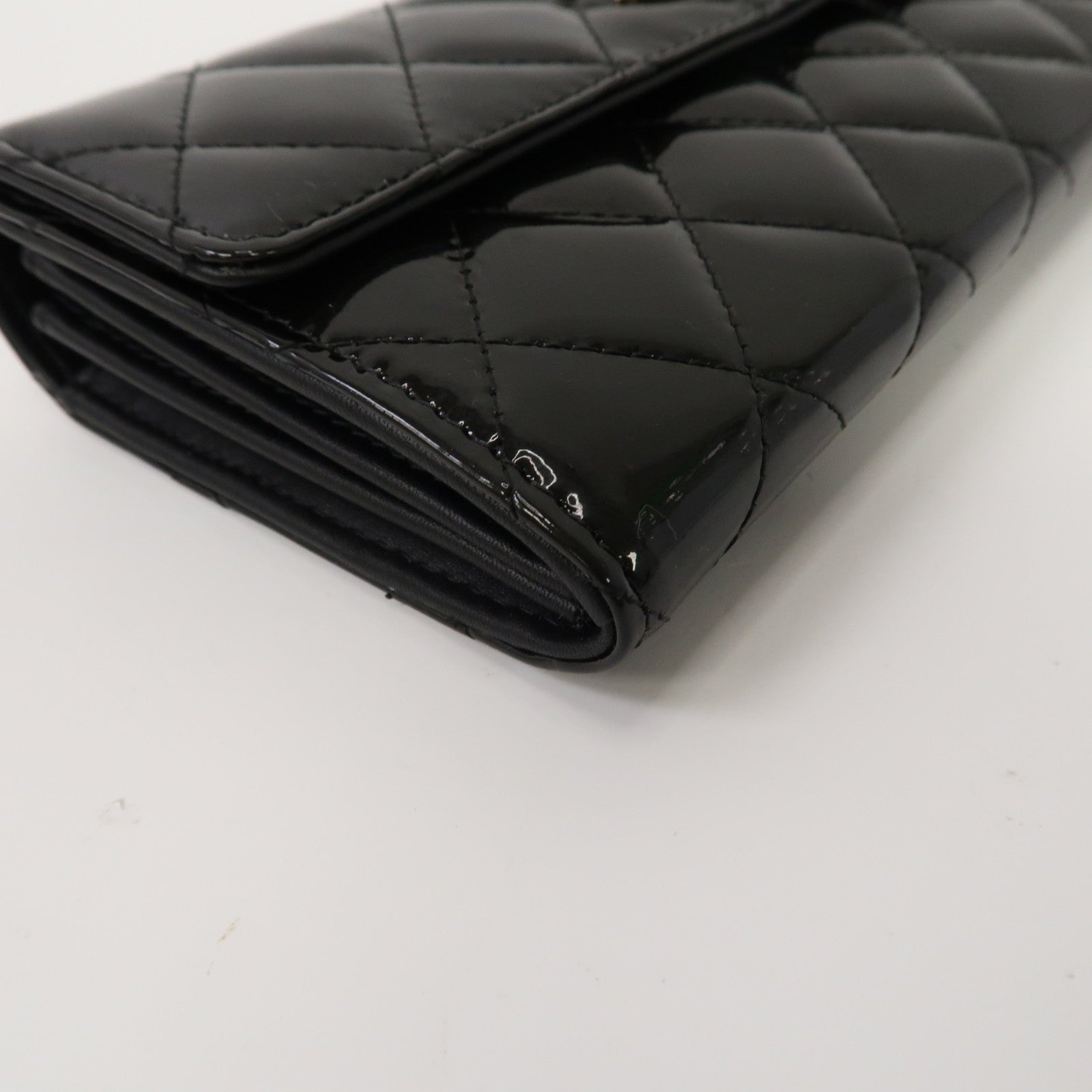CHANEL 菱格漆皮皮革Long Wallet金扣長錢包黑色