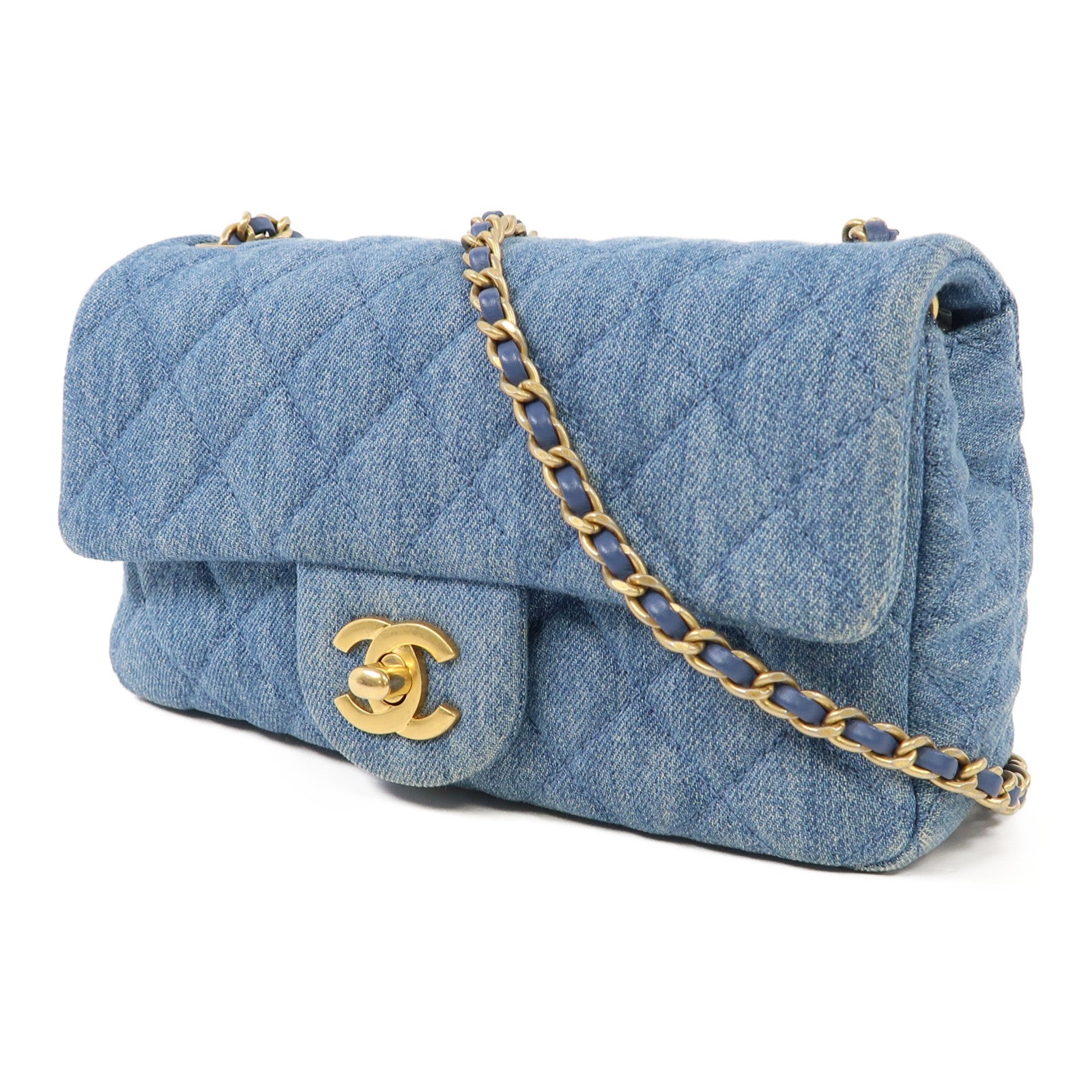 CHANEL 牛仔布Classic Flap 20cm金扣鏈帶肩背袋藍色