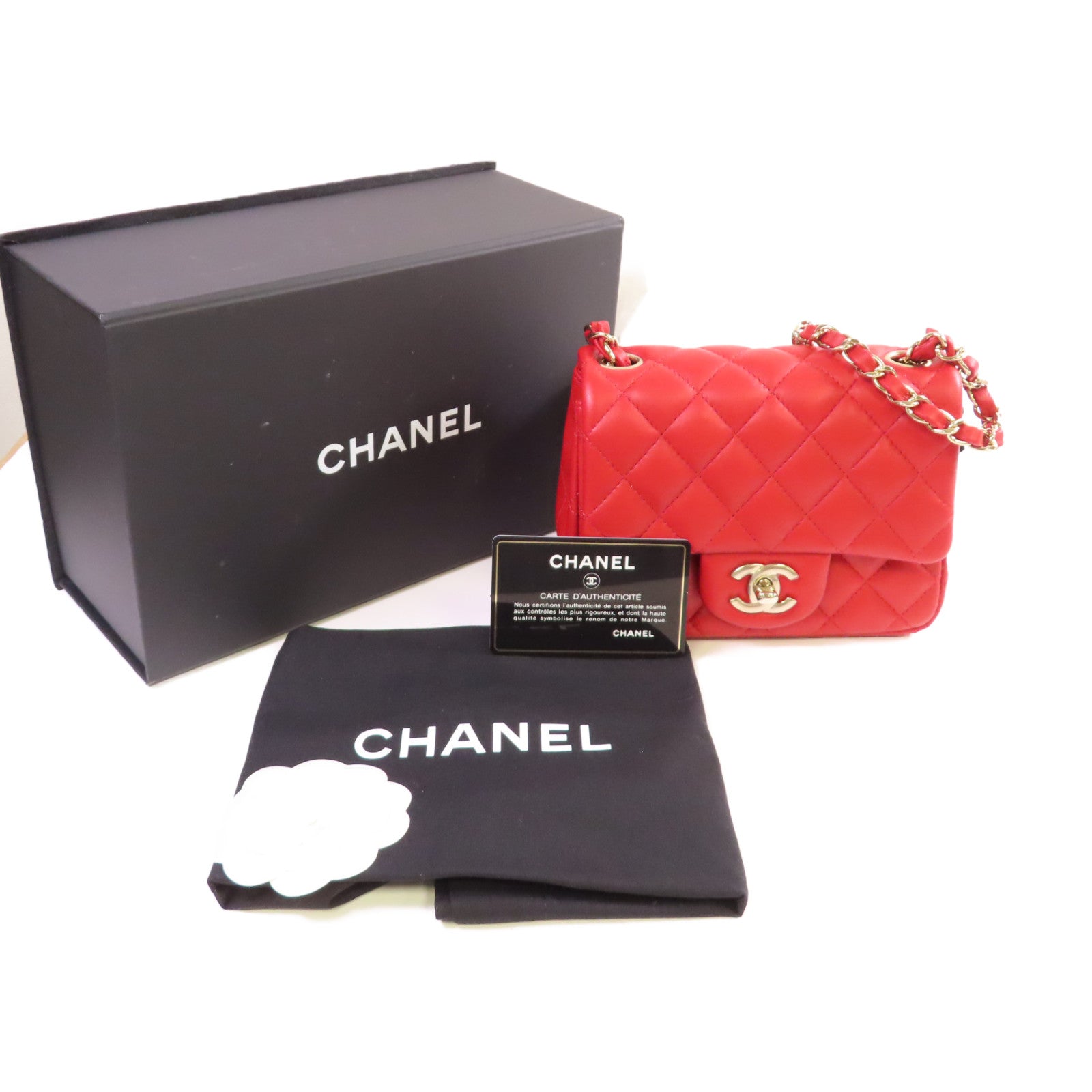 CHANEL 菱格羊皮皮革Classic Mini Square Chain Shoulder Bag金扣鏈帶肩背袋紅色