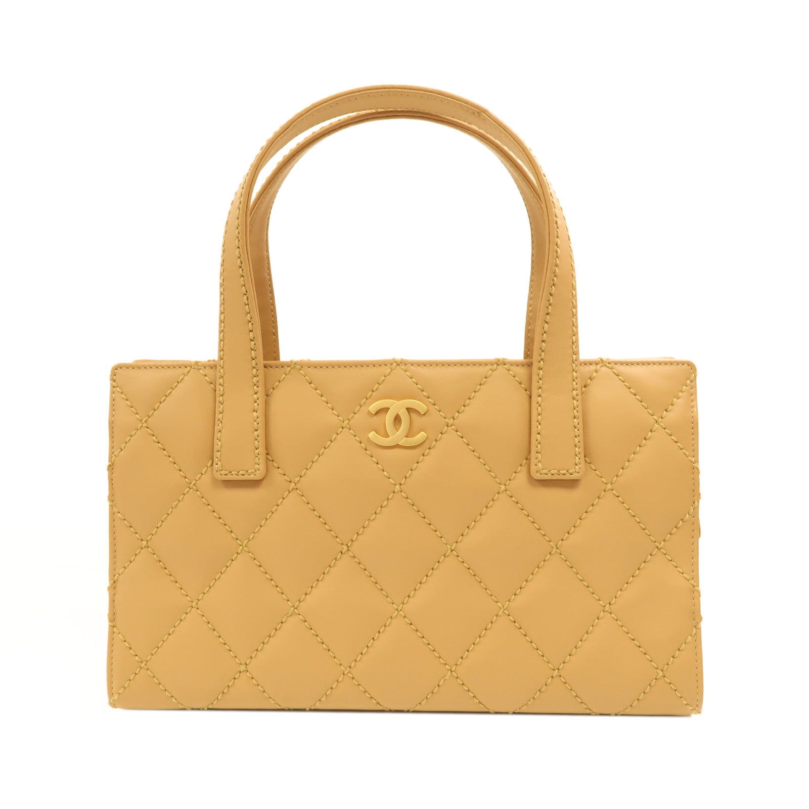 CHANEL 牛皮皮革Hand Bag金扣手挽袋米色