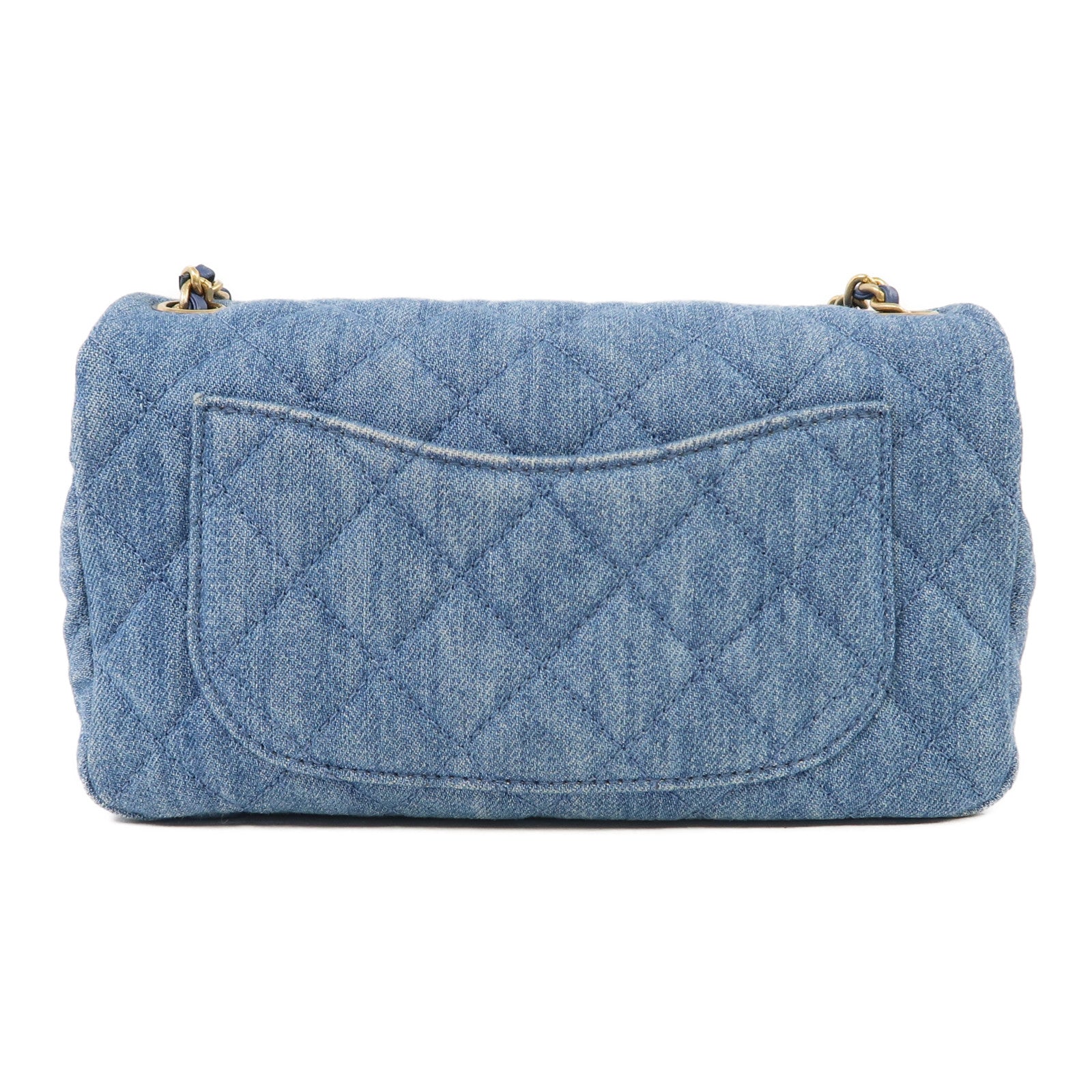 CHANEL 牛仔布Classic Flap 20cm金扣鏈帶肩背袋藍色