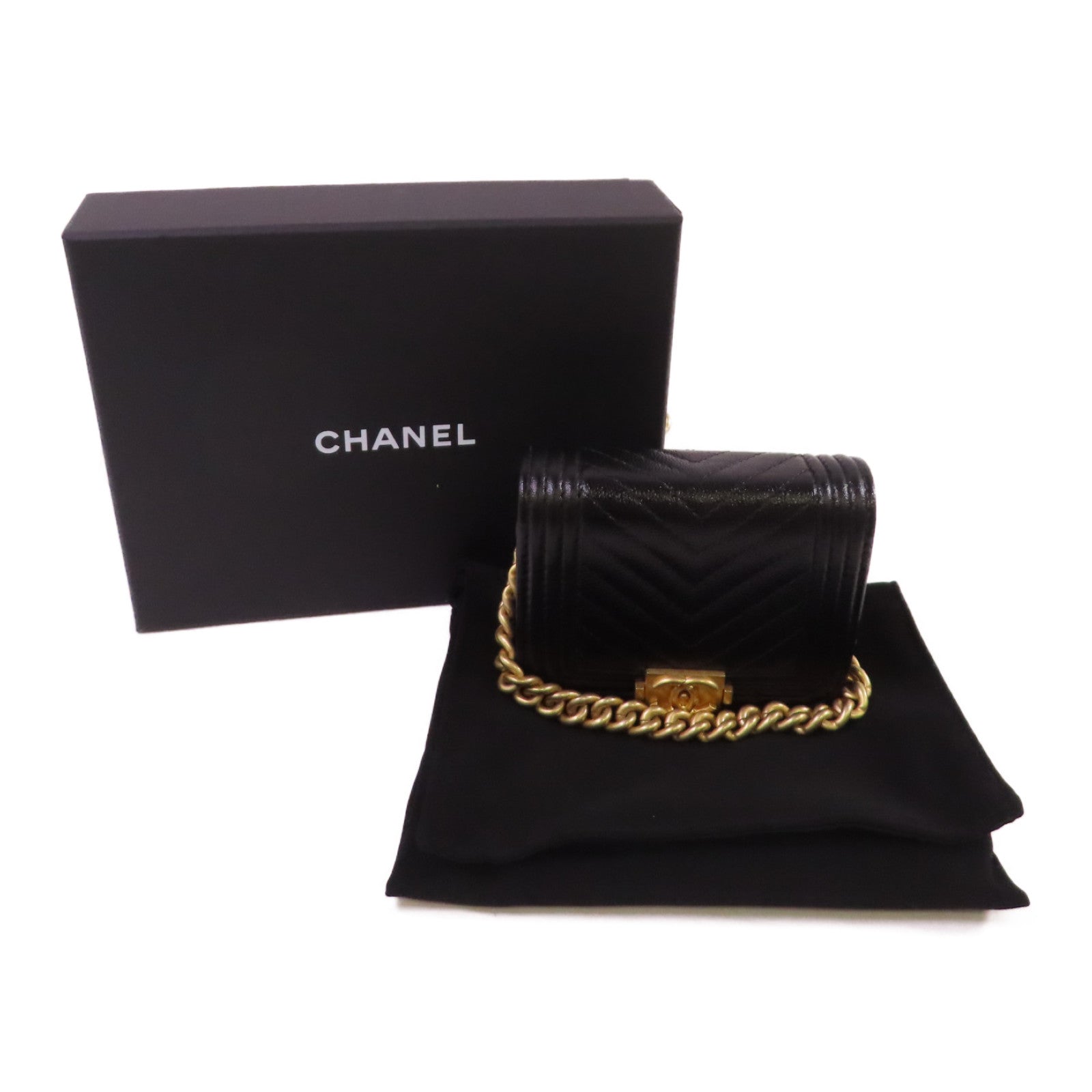 CHANEL 斜紋Caviar皮革Card Case With Chain Shoulder Bag金扣鏈帶卡片套肩背袋黑色