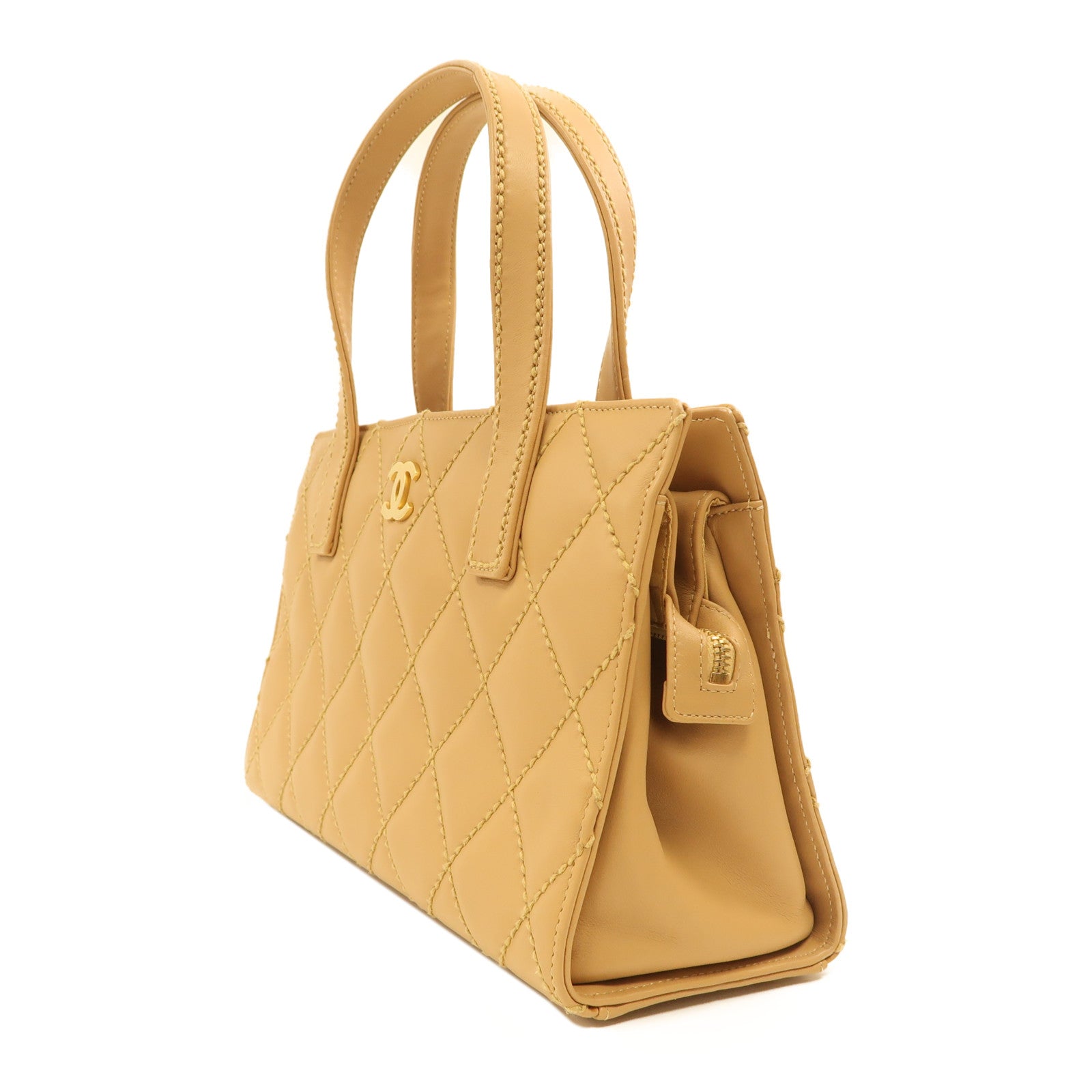 CHANEL 牛皮皮革Hand Bag金扣手挽袋米色