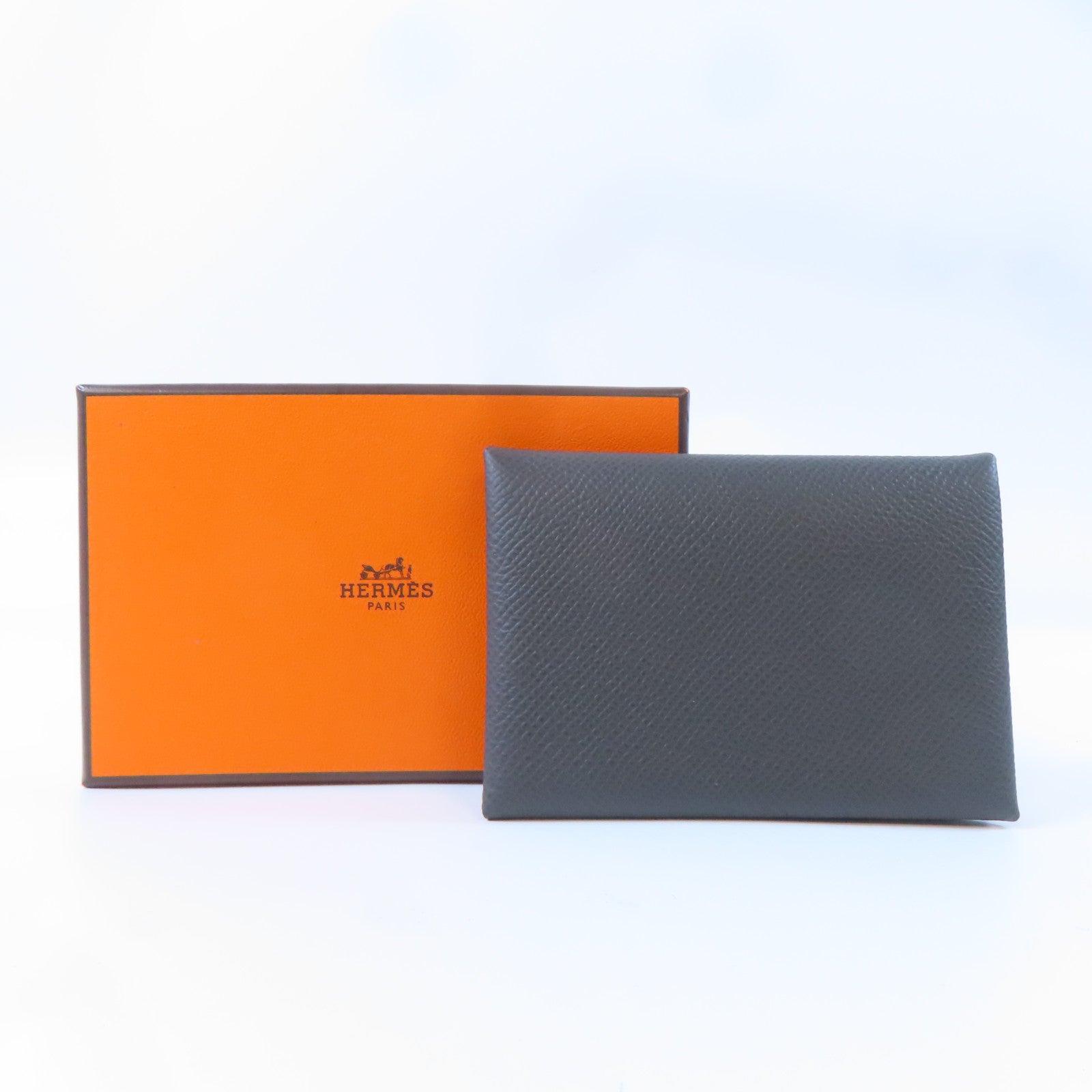 HERMES Epsom皮革Calvi Duo Card Holder銀扣卡片套灰色