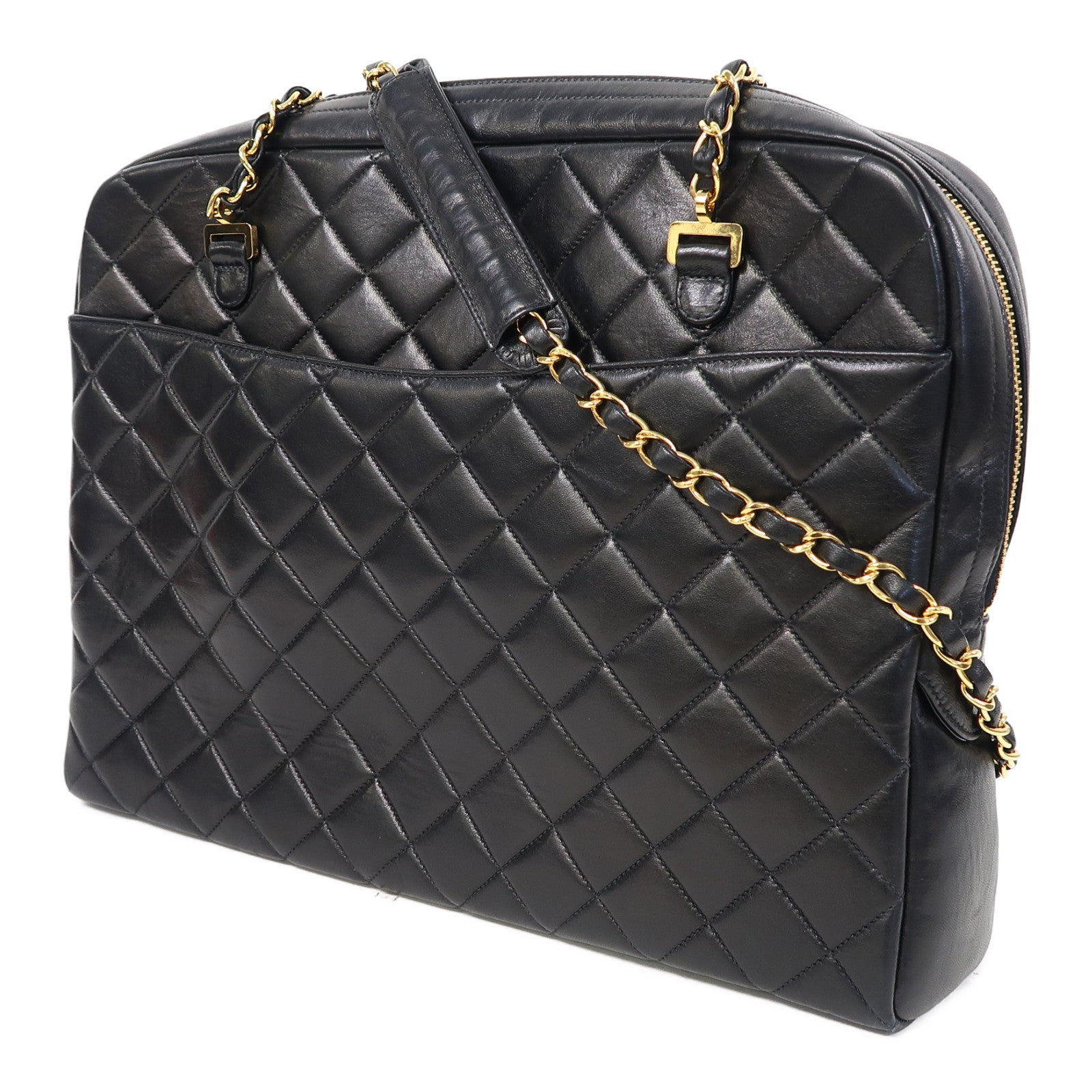CHANEL 菱格牛皮皮革Shoulder Bag金扣鏈帶肩背袋黑色