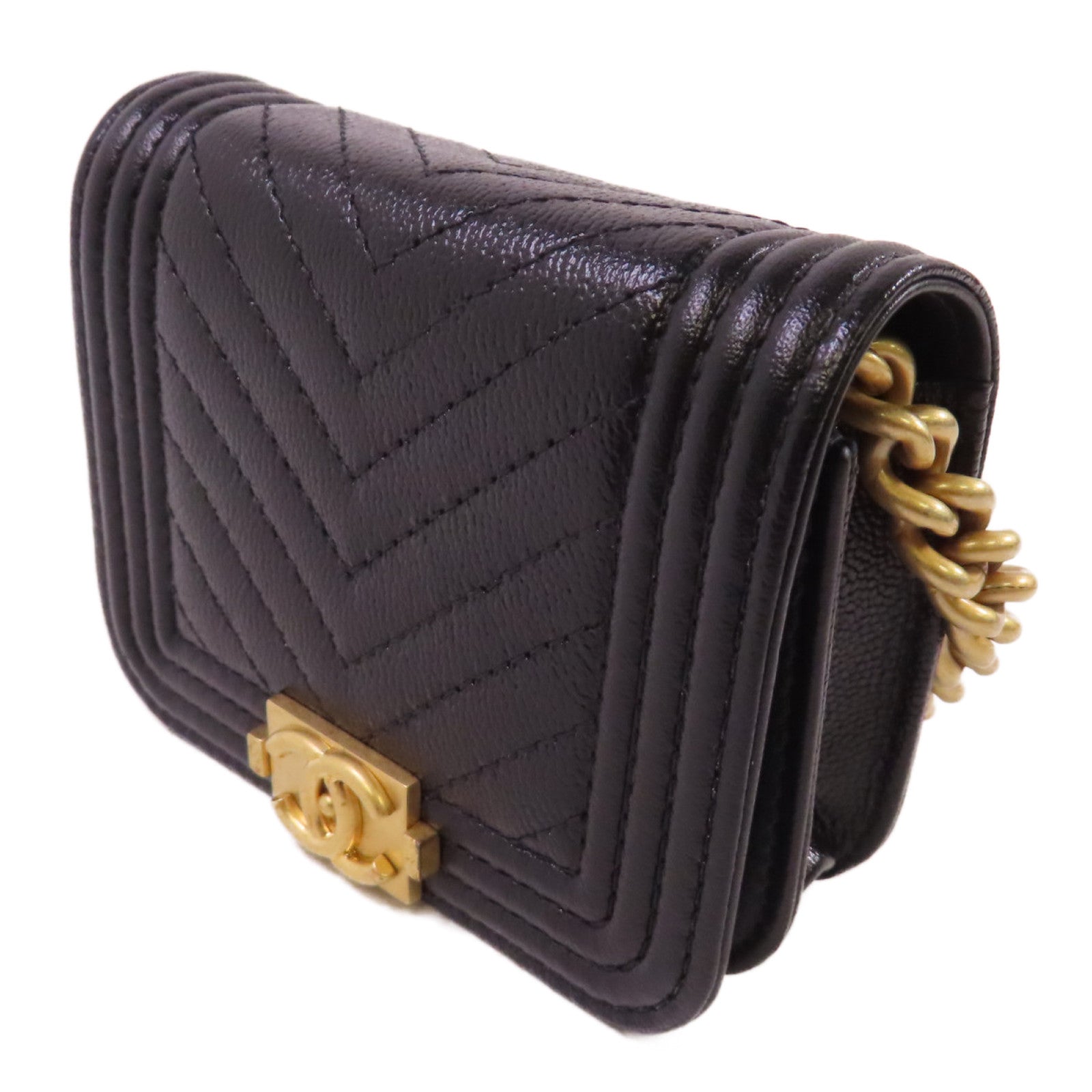 CHANEL 斜紋Caviar皮革Card Case With Chain Shoulder Bag金扣鏈帶卡片套肩背袋黑色