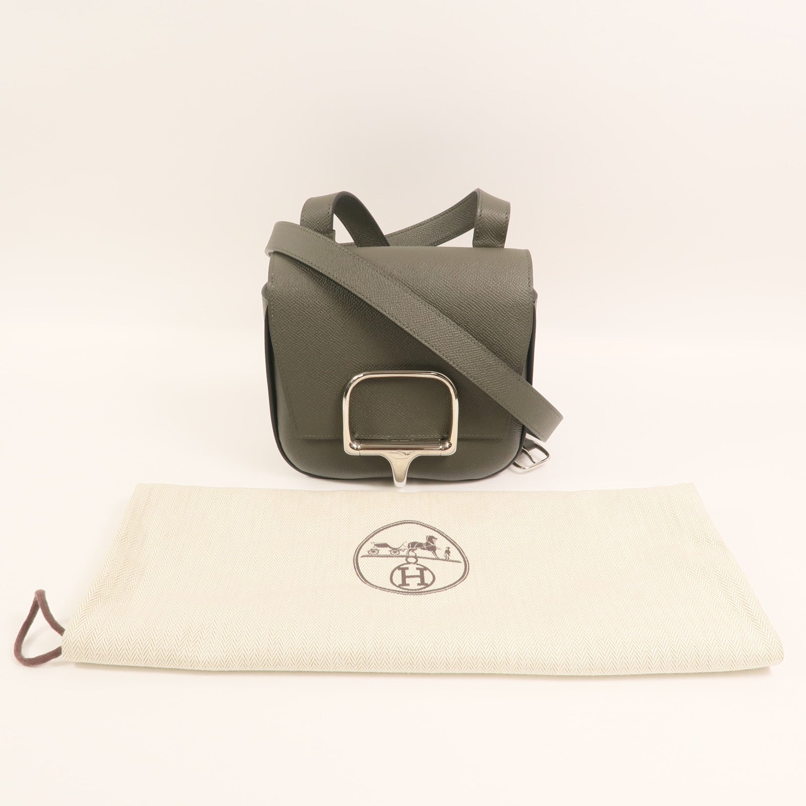 HERMES Epsom皮革Della Cavalleria Mini銀扣肩背袋Vert de Gris