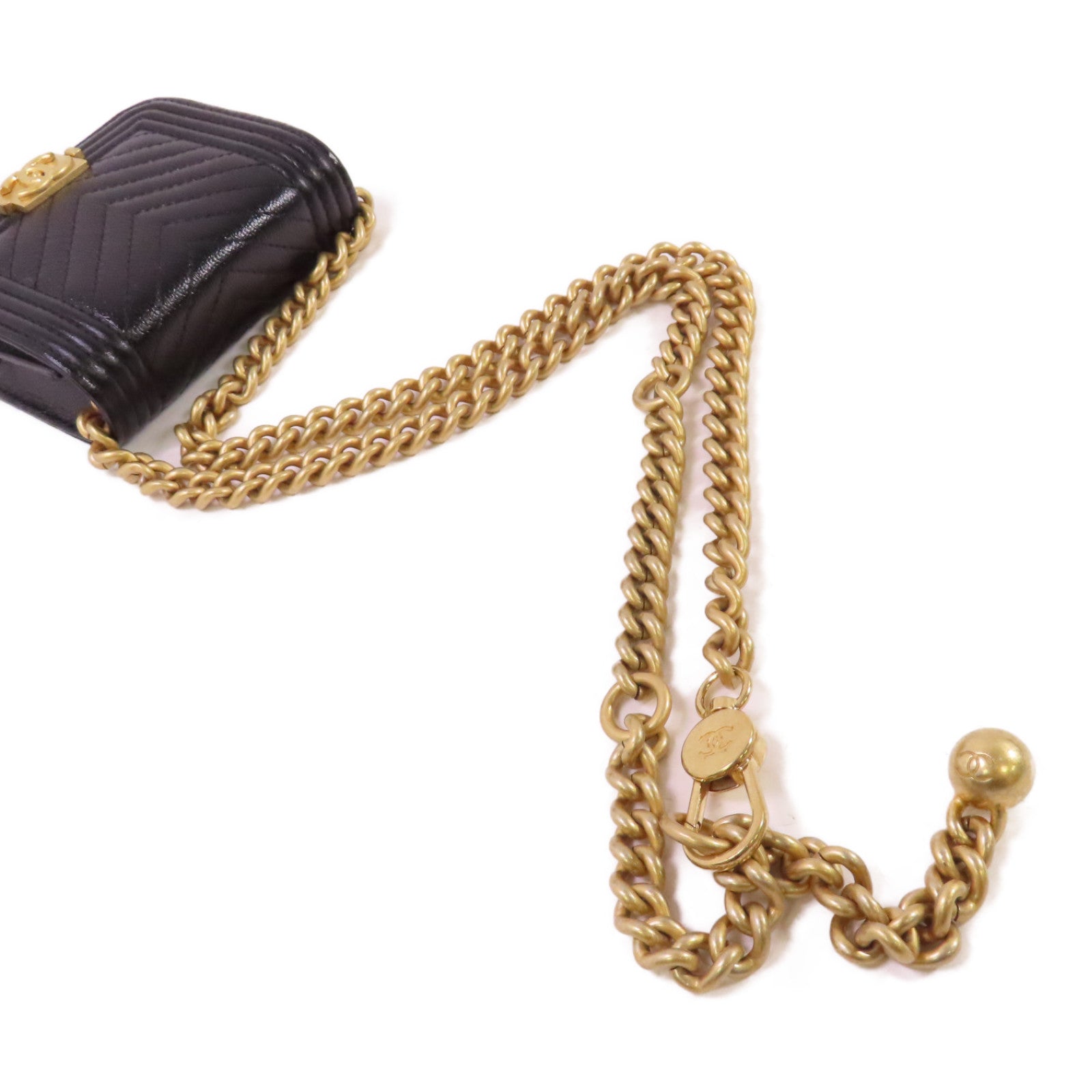 CHANEL 斜紋Caviar皮革Card Case With Chain Shoulder Bag金扣鏈帶卡片套肩背袋黑色