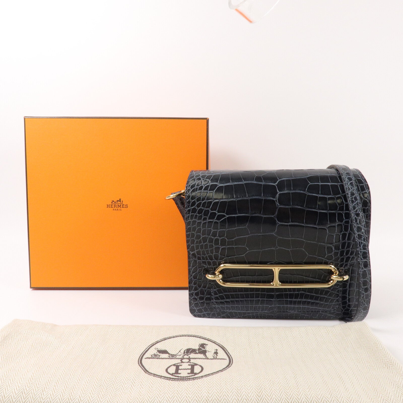 HERMES 鱷魚皮革Roulis Mini肩背袋Bleu Baltioue