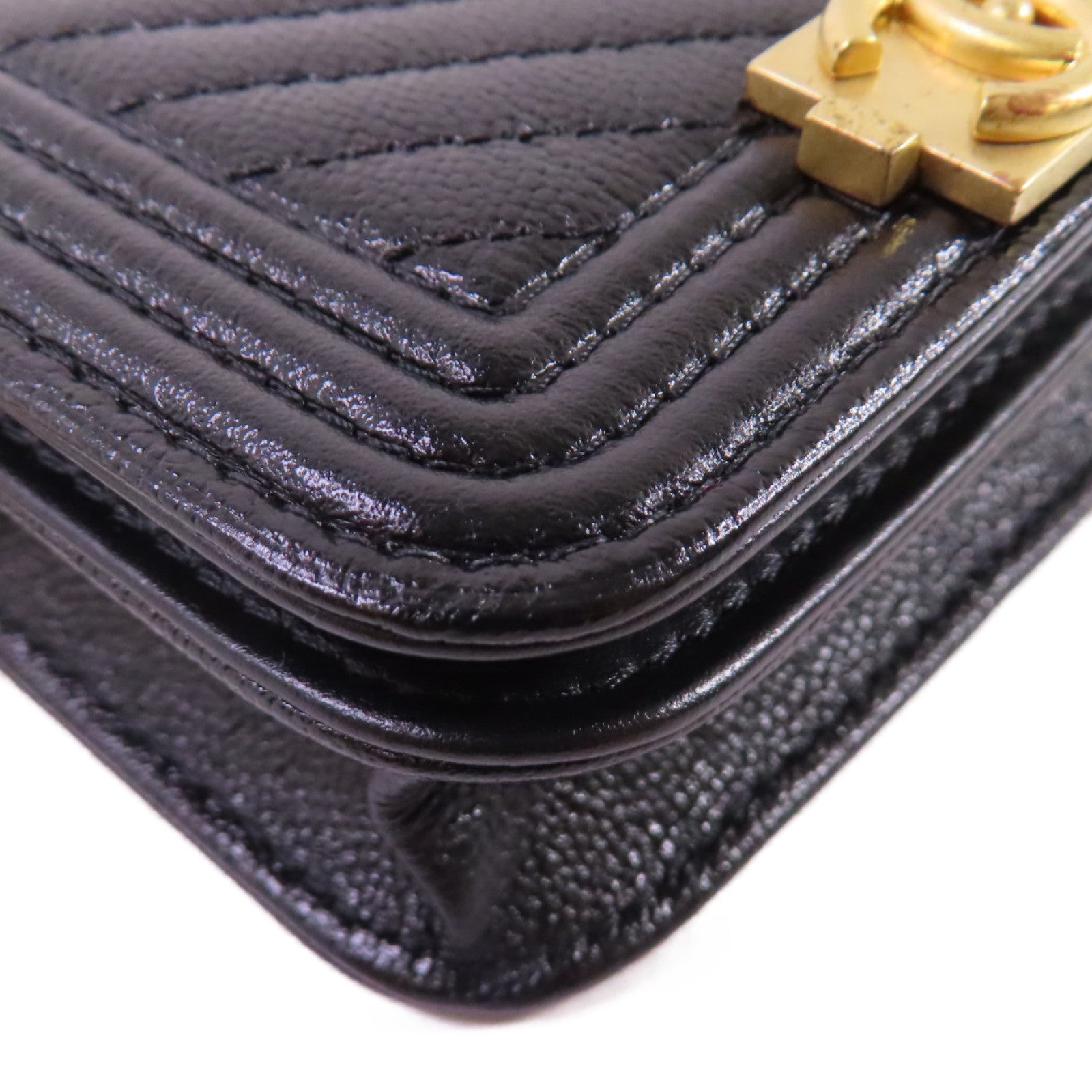 CHANEL 斜紋Caviar皮革Card Case With Chain Shoulder Bag金扣鏈帶卡片套肩背袋黑色