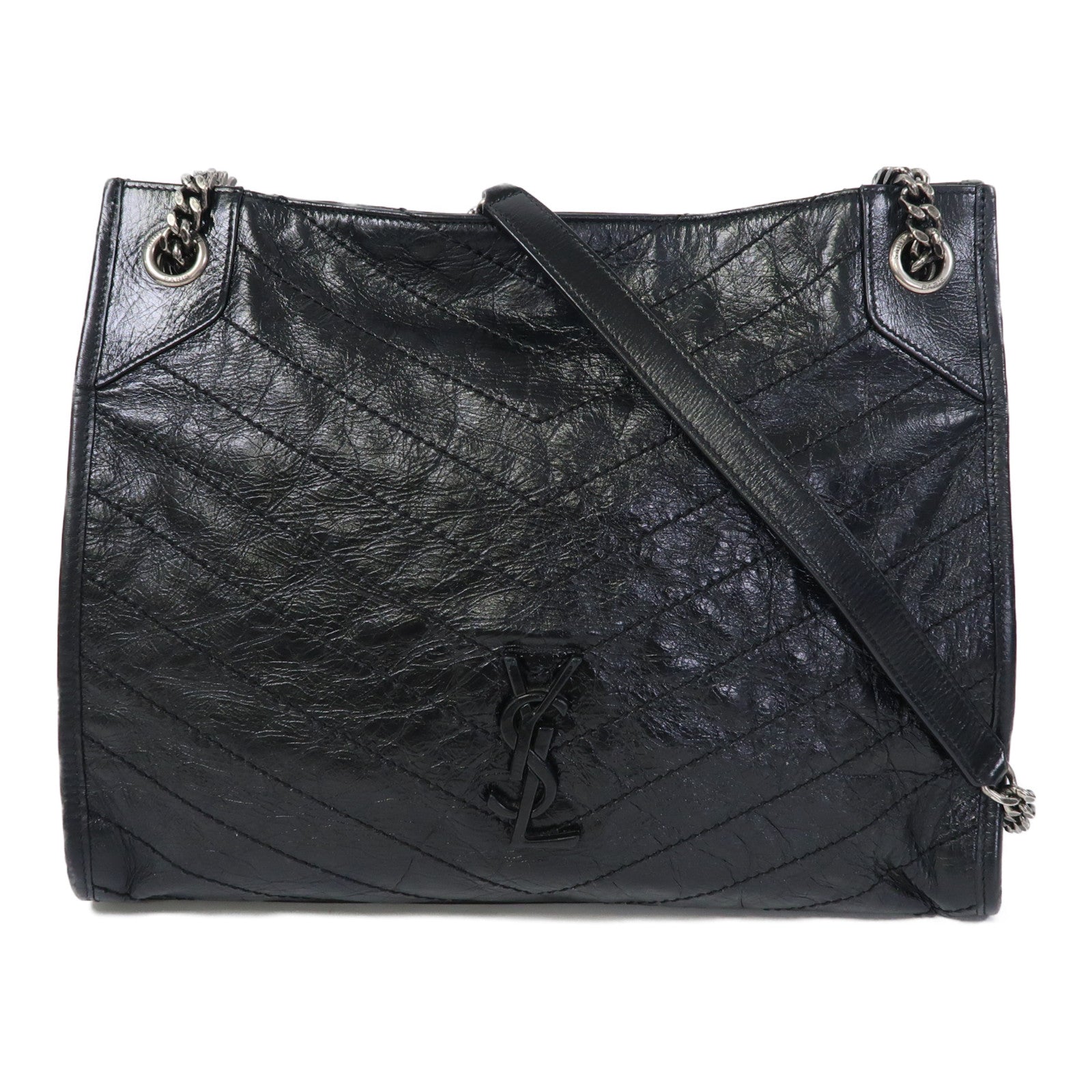 SAINT LAURENT 牛皮皮革Niki Medium Shopping Bag銀扣鏈帶手挽肩背兩用袋黑色