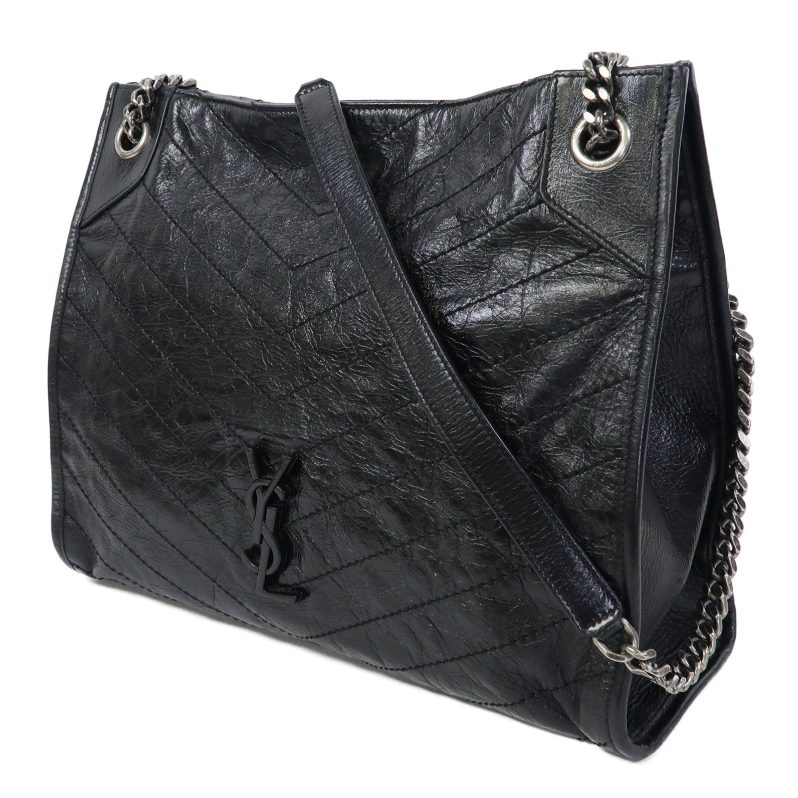 SAINT LAURENT 牛皮皮革Niki Medium Shopping Bag銀扣鏈帶手挽肩背兩用袋黑色