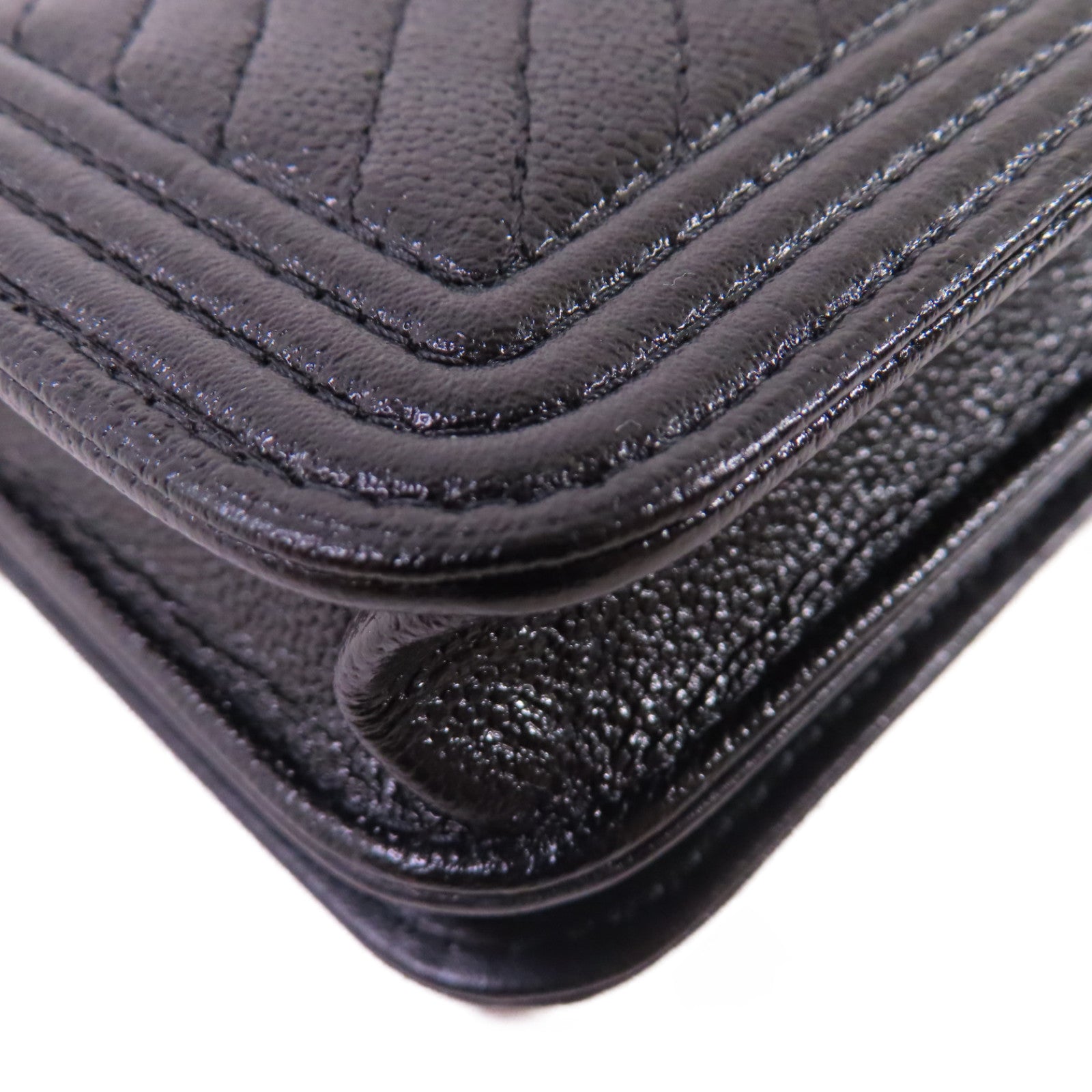 CHANEL 斜紋Caviar皮革Card Case With Chain Shoulder Bag金扣鏈帶卡片套肩背袋黑色