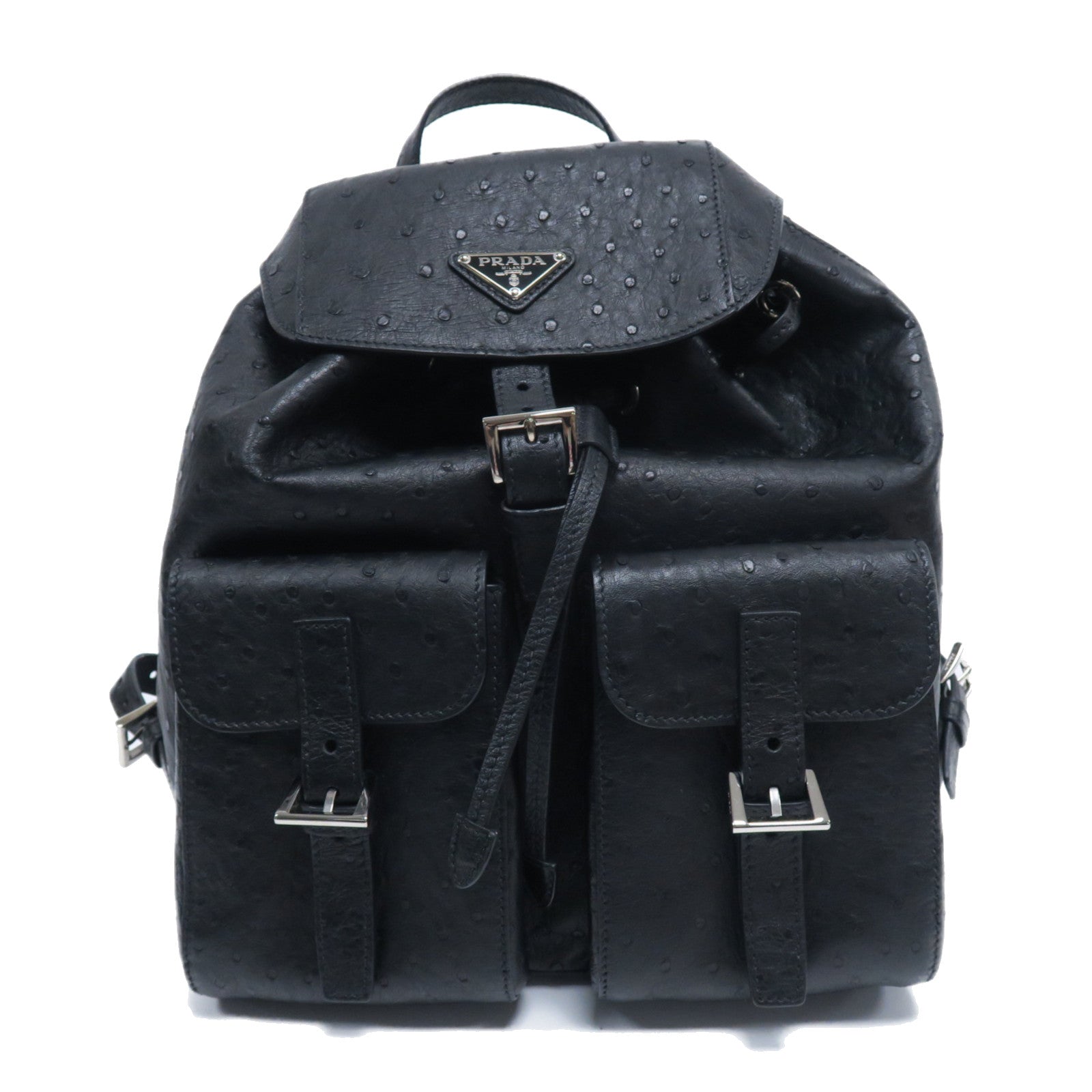 PRADA Ostrich皮革Backpack銀扣背包黑色