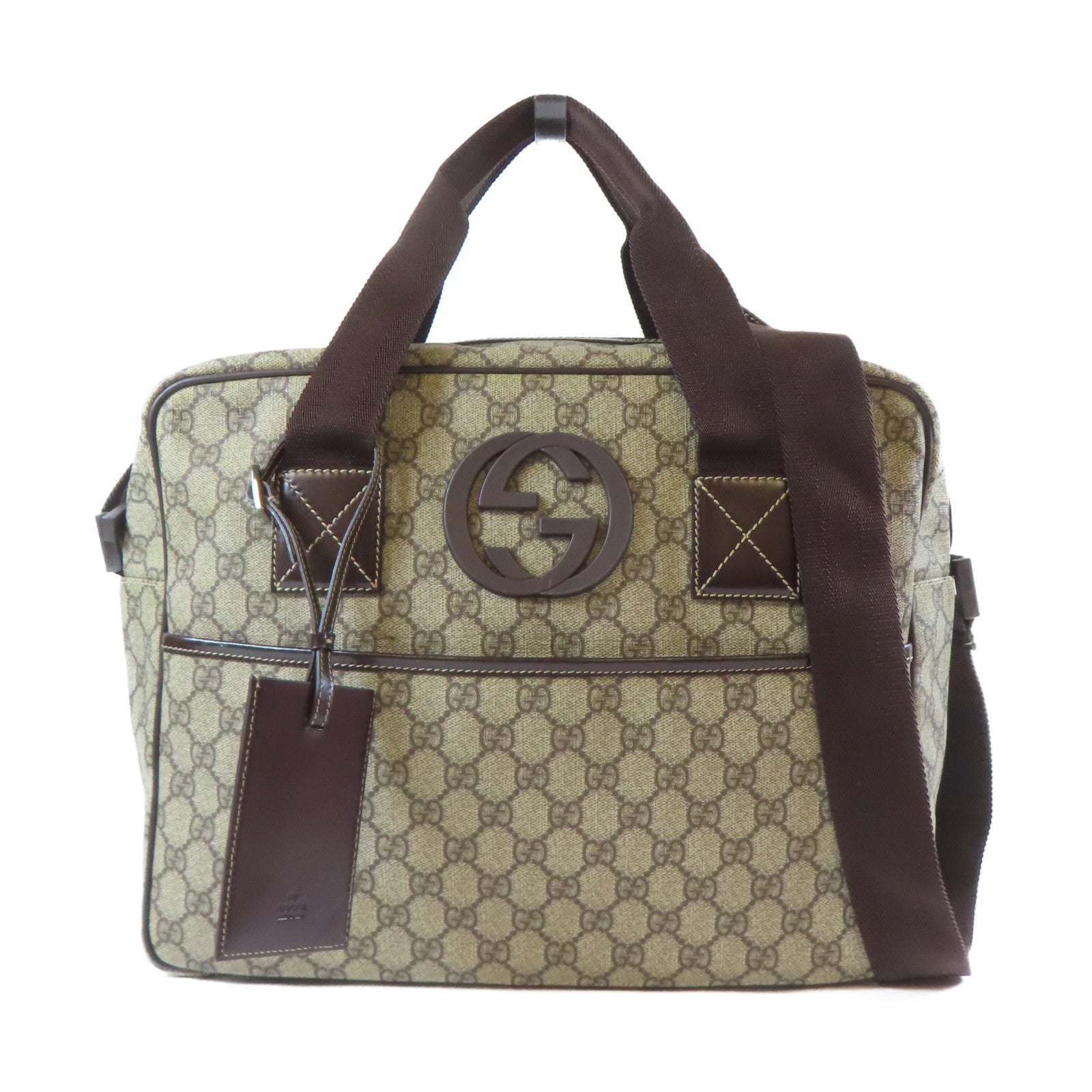 GUCCI 塗層帆布2 Way Shoulder銀扣手挽肩背兩用袋啡色