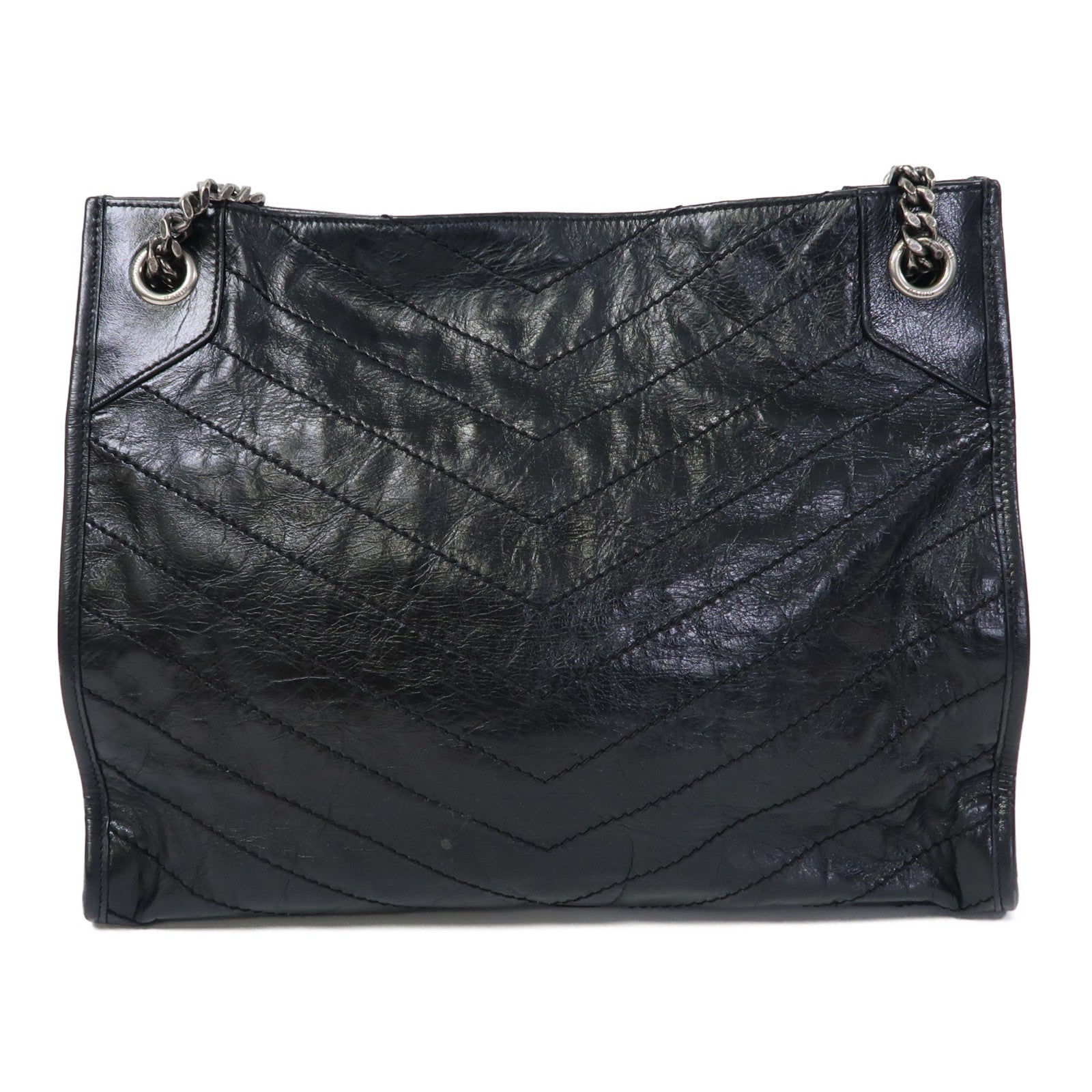 SAINT LAURENT 牛皮皮革Niki Medium Shopping Bag銀扣鏈帶手挽肩背兩用袋黑色