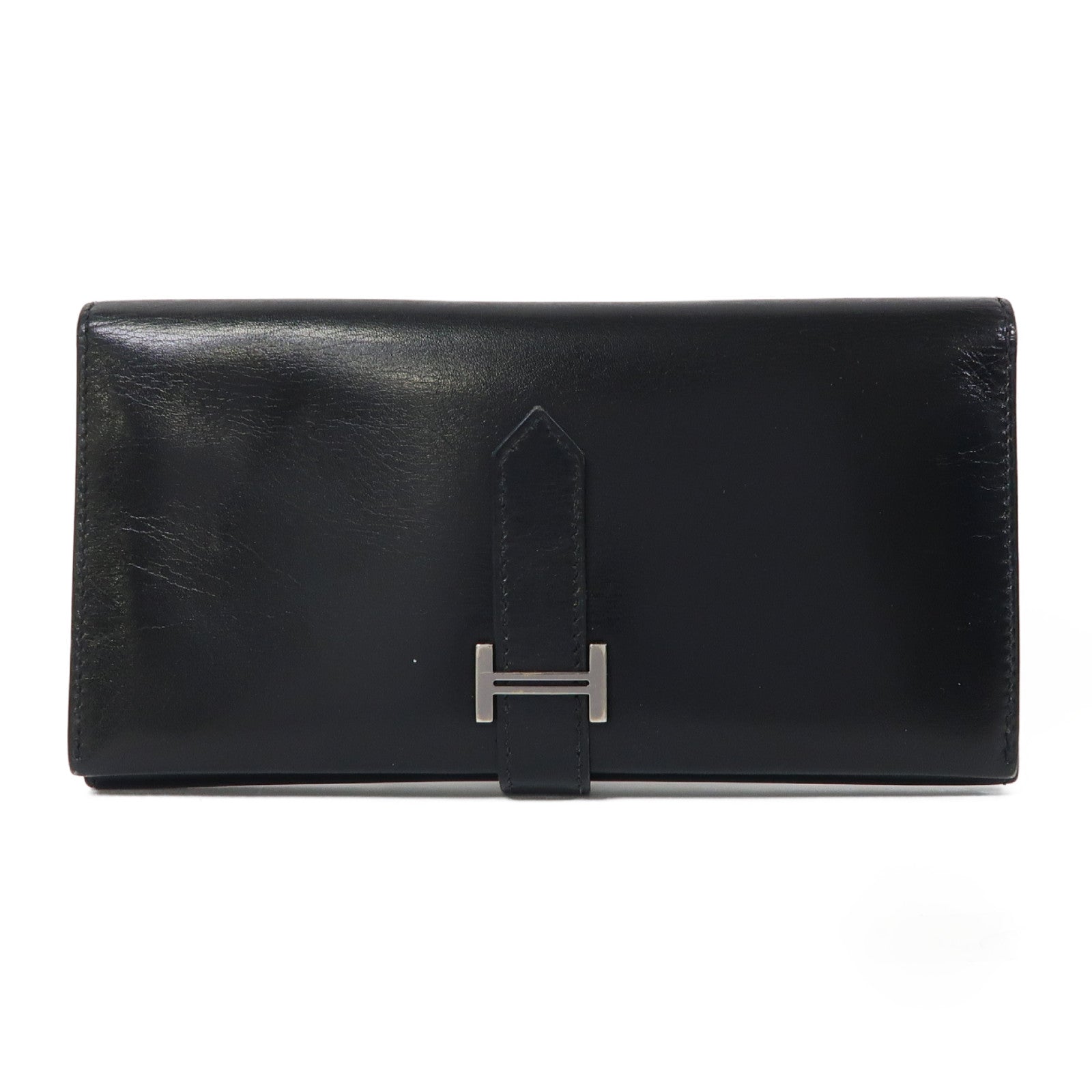 HERMES 皮革Bearn Tri-fold銀扣長錢包黑色