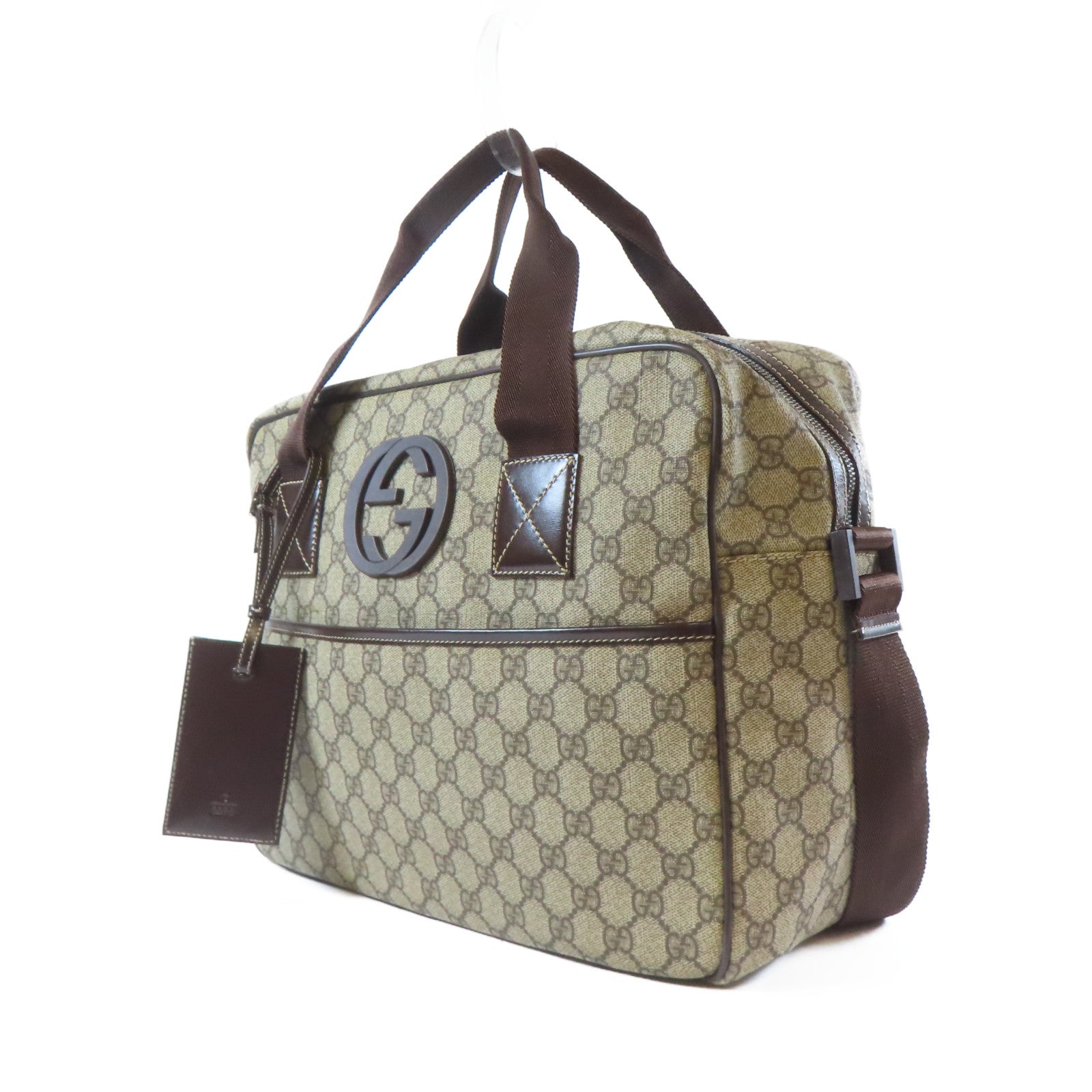 GUCCI 塗層帆布2 Way Shoulder銀扣手挽肩背兩用袋啡色