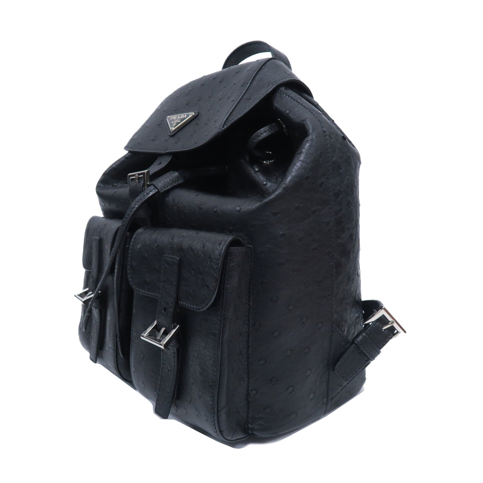 PRADA Ostrich皮革Backpack銀扣背包黑色