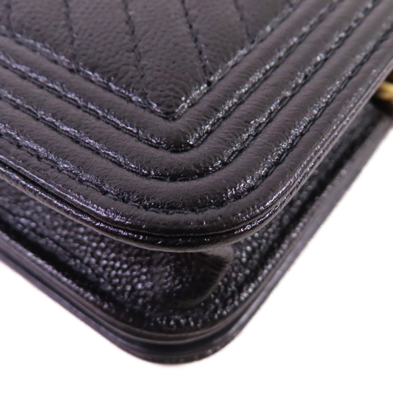 CHANEL 斜紋Caviar皮革Card Case With Chain Shoulder Bag金扣鏈帶卡片套肩背袋黑色