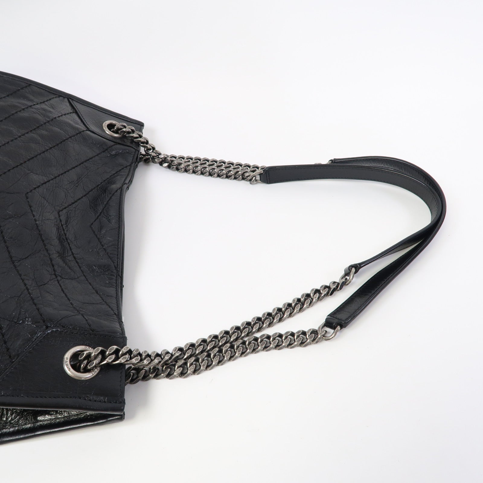 SAINT LAURENT 牛皮皮革Niki Medium Shopping Bag銀扣鏈帶手挽肩背兩用袋黑色