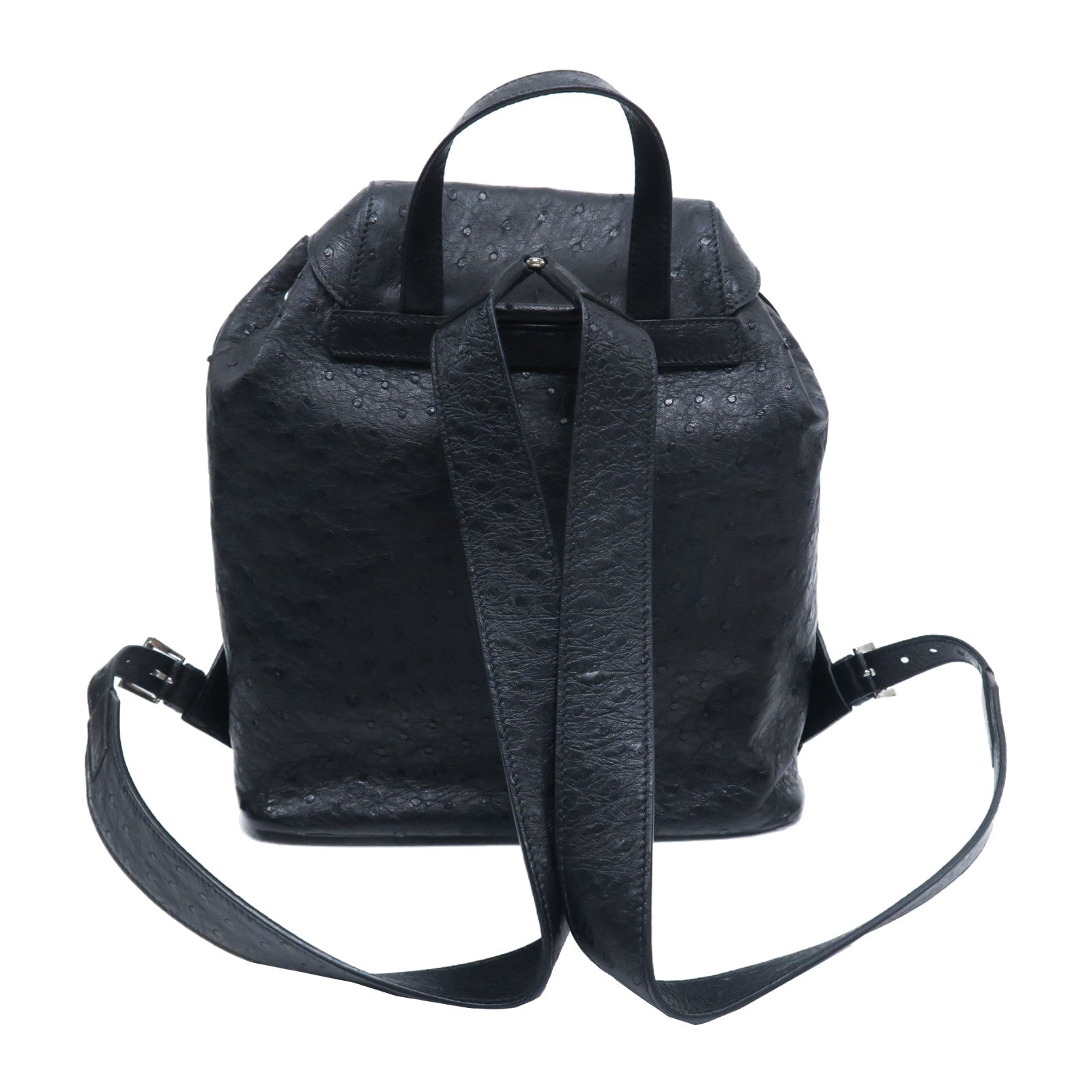 PRADA Ostrich皮革Backpack銀扣背包黑色