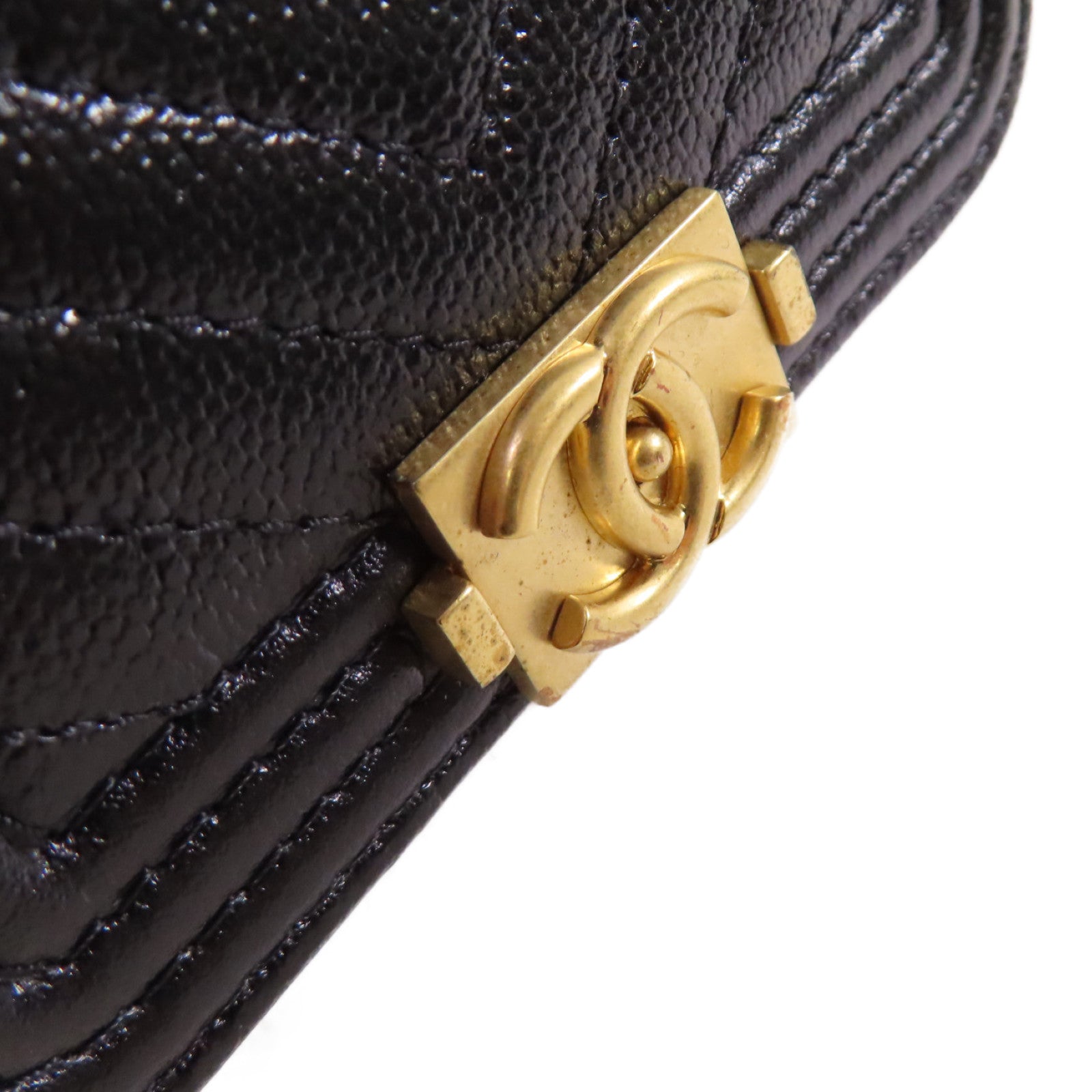 CHANEL 斜紋Caviar皮革Card Case With Chain Shoulder Bag金扣鏈帶卡片套肩背袋黑色