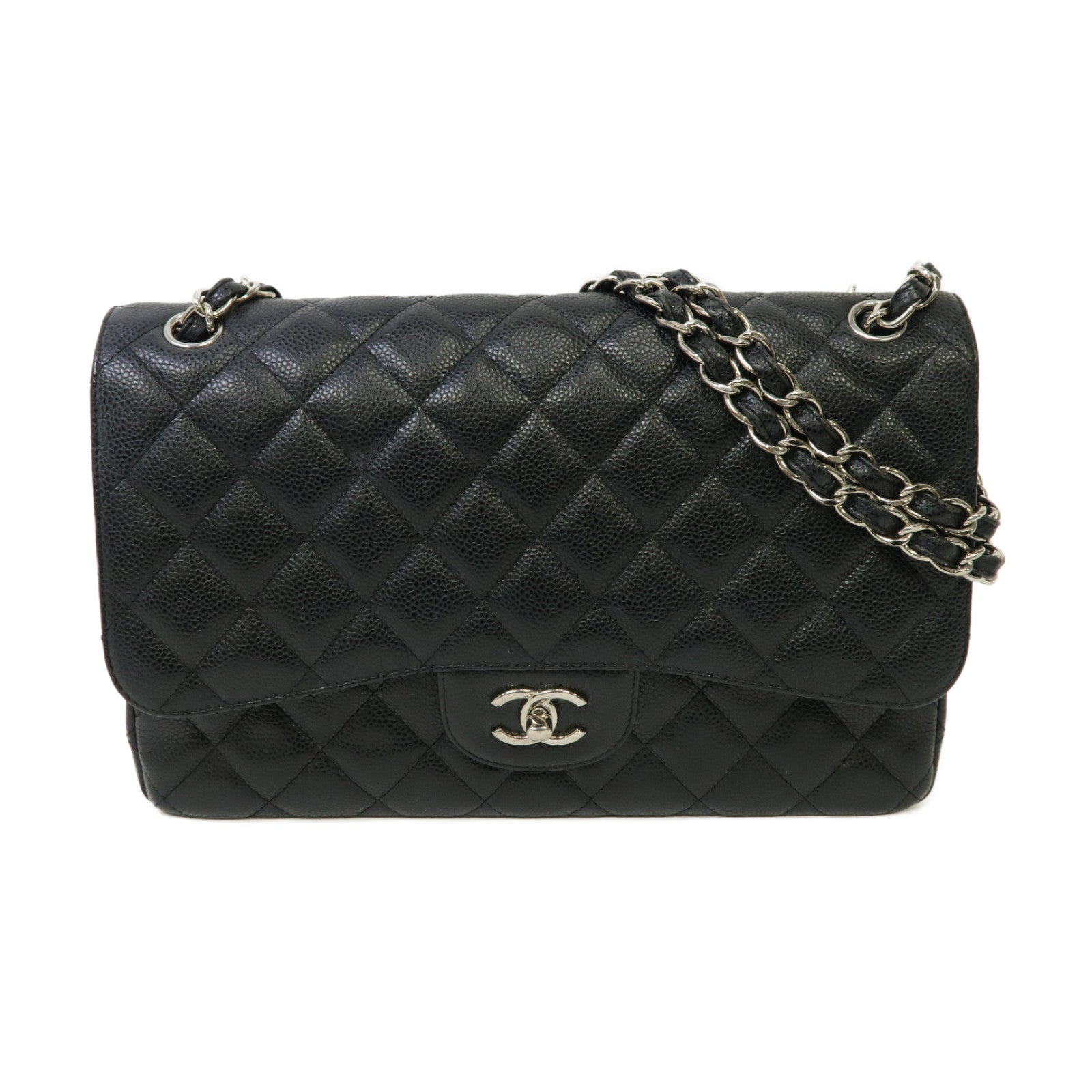 CHANEL 【激減優惠】菱格Caviar皮革Classic Jumbo銀扣鏈帶肩背袋黒色