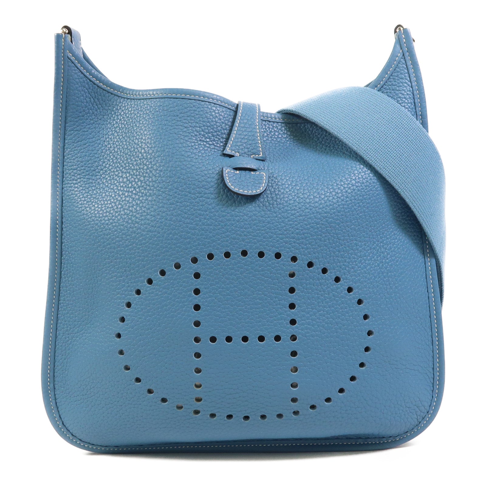 HERMES Clemence皮革Evelyne PM銀扣肩背袋Bleu Jean
