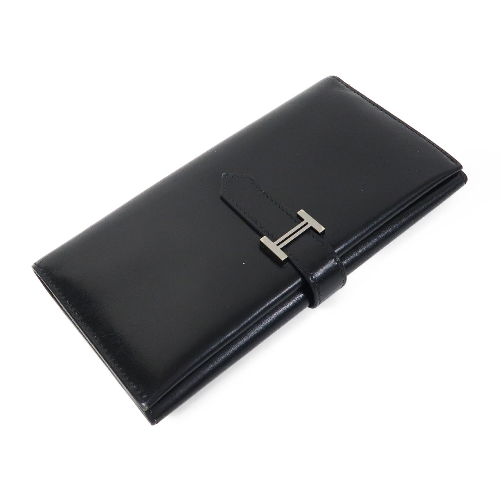 HERMES 皮革Bearn Tri-fold銀扣長錢包黑色