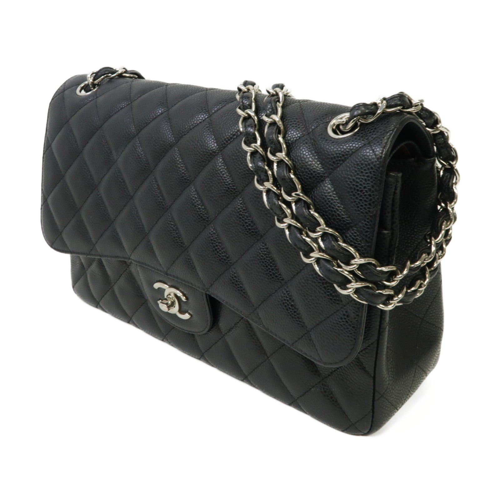 CHANEL 【激減優惠】菱格Caviar皮革Classic Jumbo銀扣鏈帶肩背袋黒色