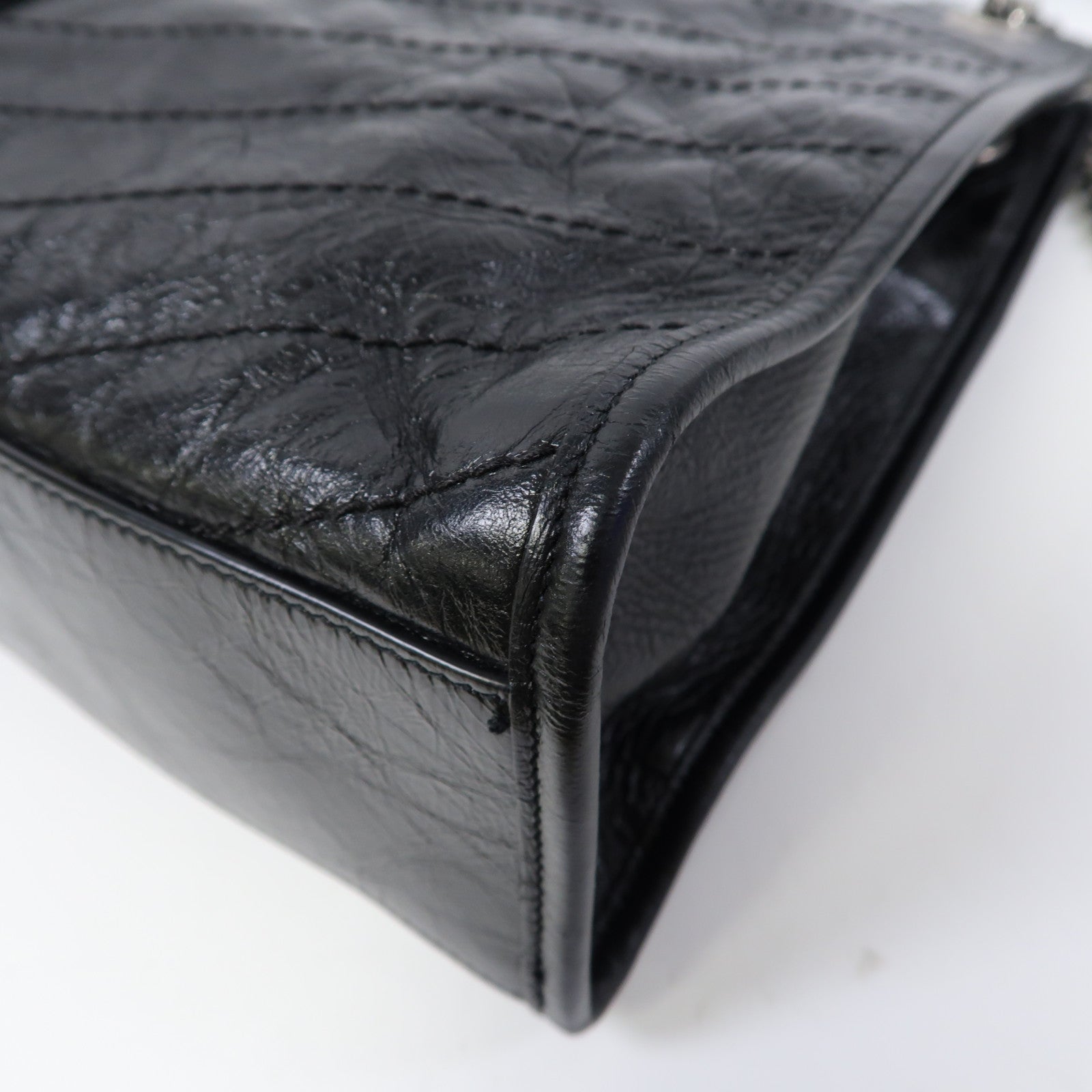 SAINT LAURENT 牛皮皮革Niki Medium Shopping Bag銀扣鏈帶手挽肩背兩用袋黑色