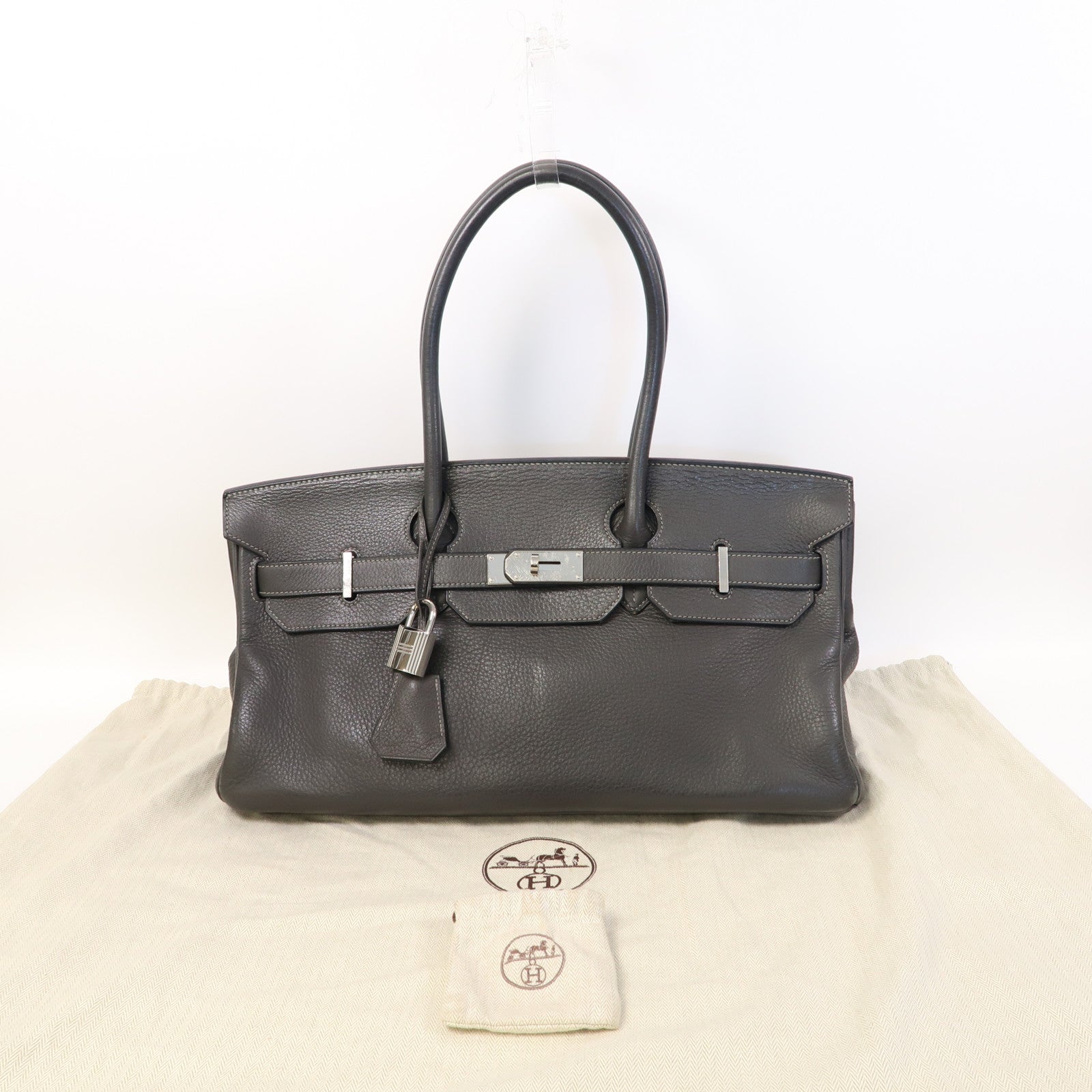 HERMES Clemence皮革Shoulder Birkin銀扣肩背袋灰色