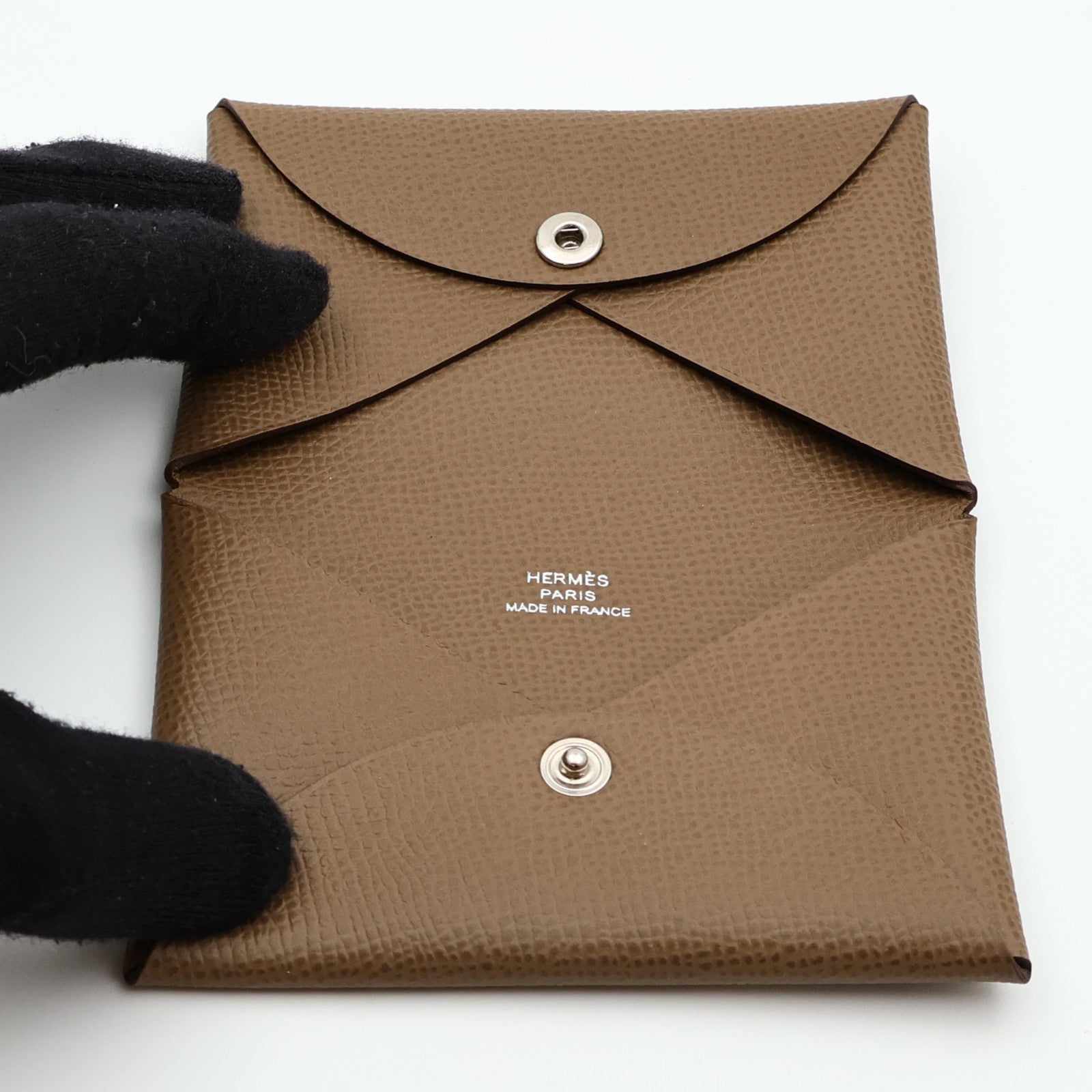 HERMES Epsom皮革Calvi Duo銀扣卡片套Gold