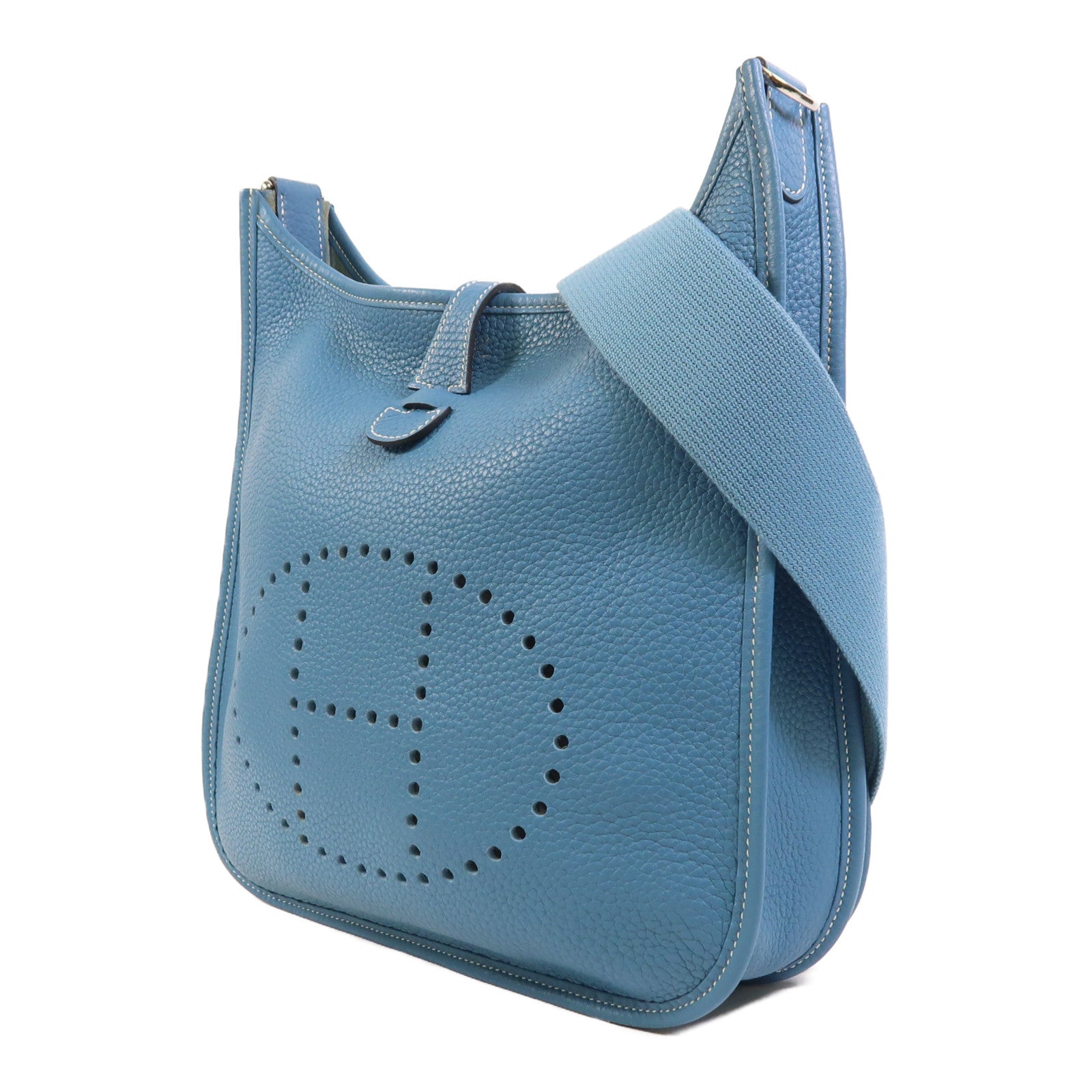HERMES Clemence皮革Evelyne PM銀扣肩背袋Bleu Jean