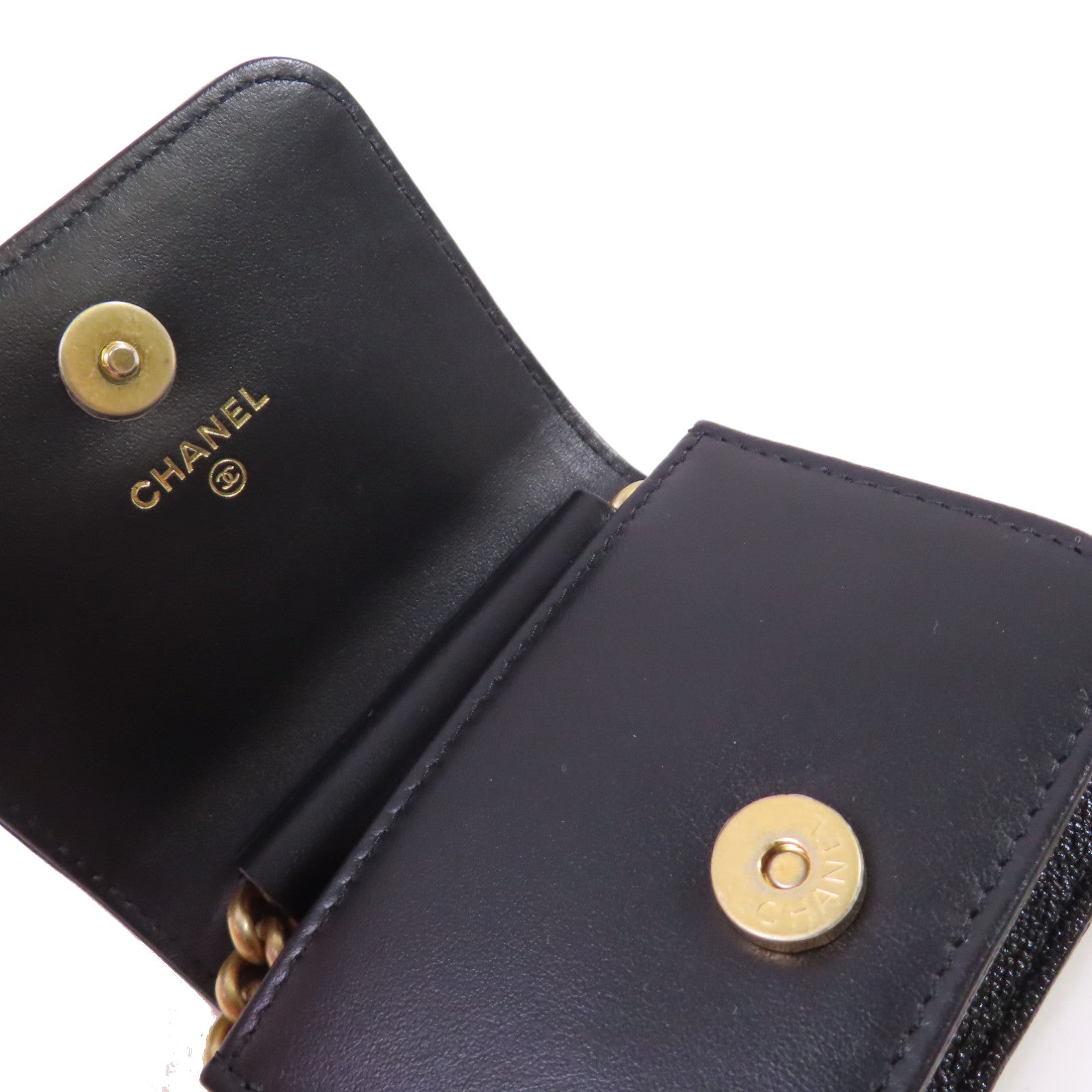 CHANEL 斜紋Caviar皮革Card Case With Chain Shoulder Bag金扣鏈帶卡片套肩背袋黑色