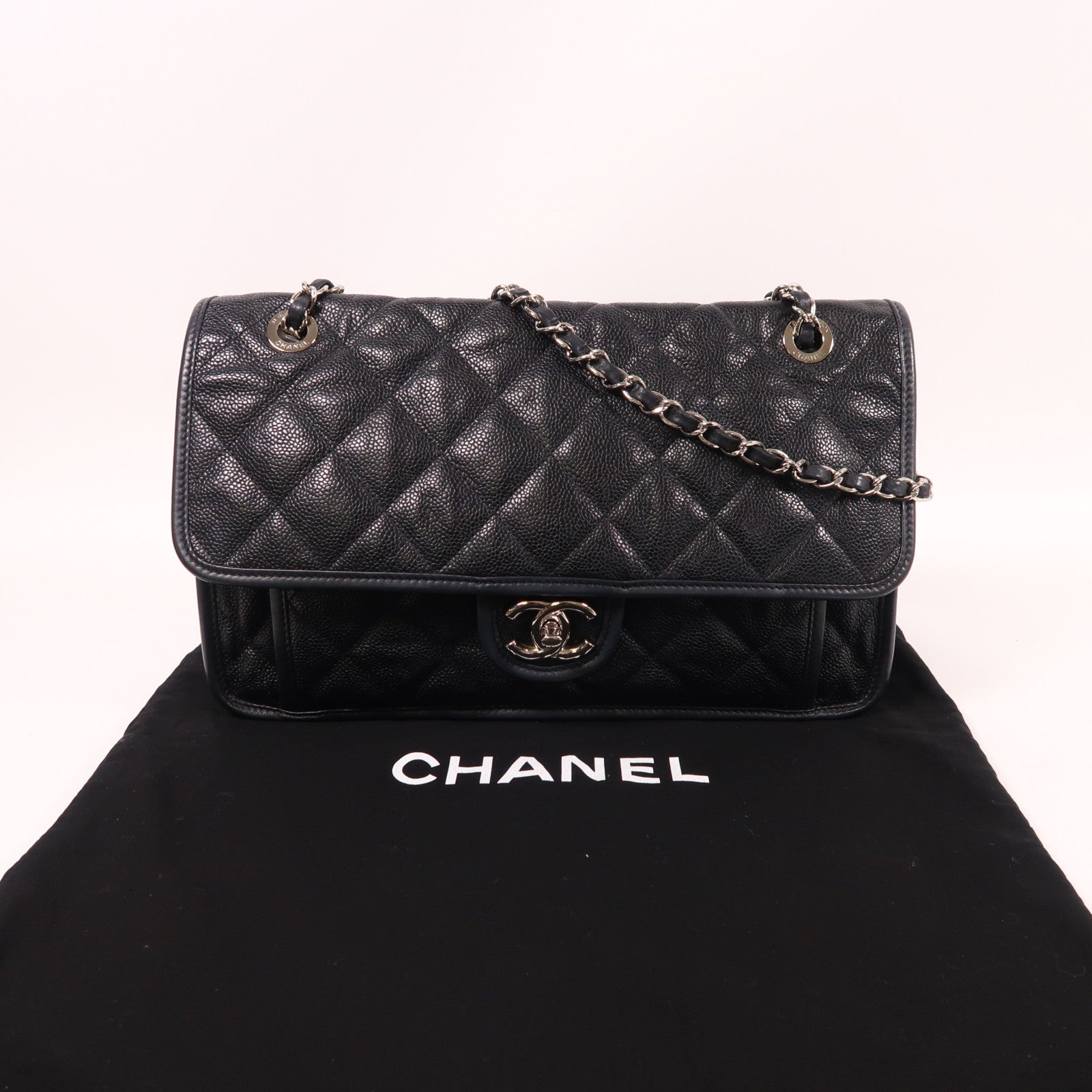 CHANEL 牛皮皮革Shoulder Bag銀扣鏈帶肩背袋