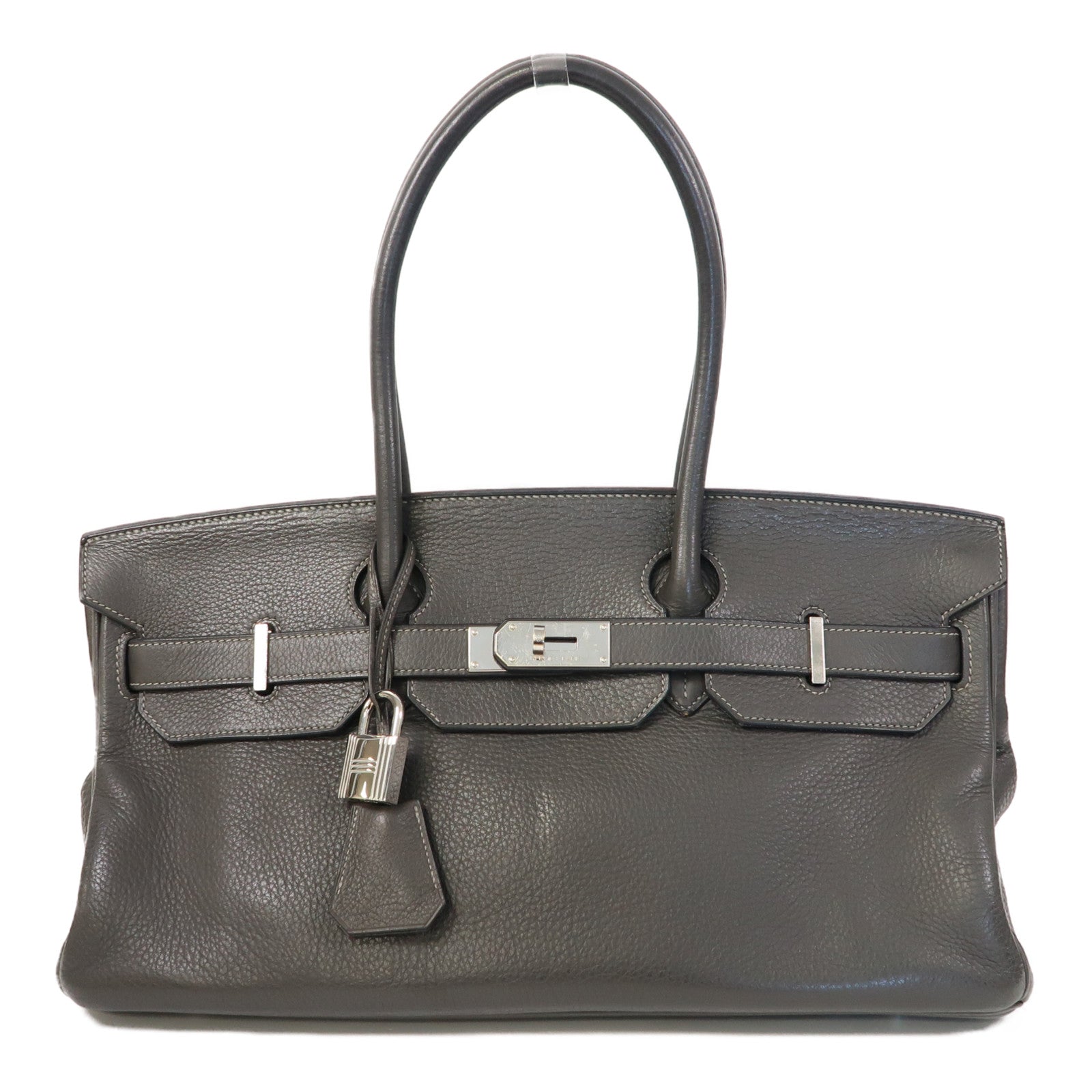 HERMES Clemence皮革Shoulder Birkin銀扣肩背袋灰色