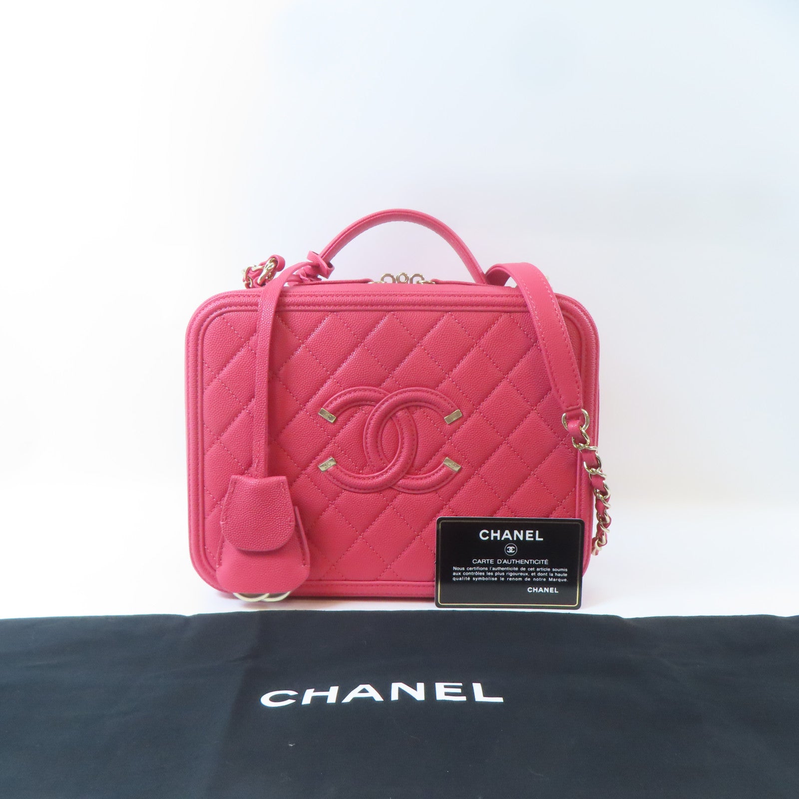 CHANEL 【激減優惠】菱格Caviar皮革Vanity Case金扣手挽肩背兩用袋粉紅色