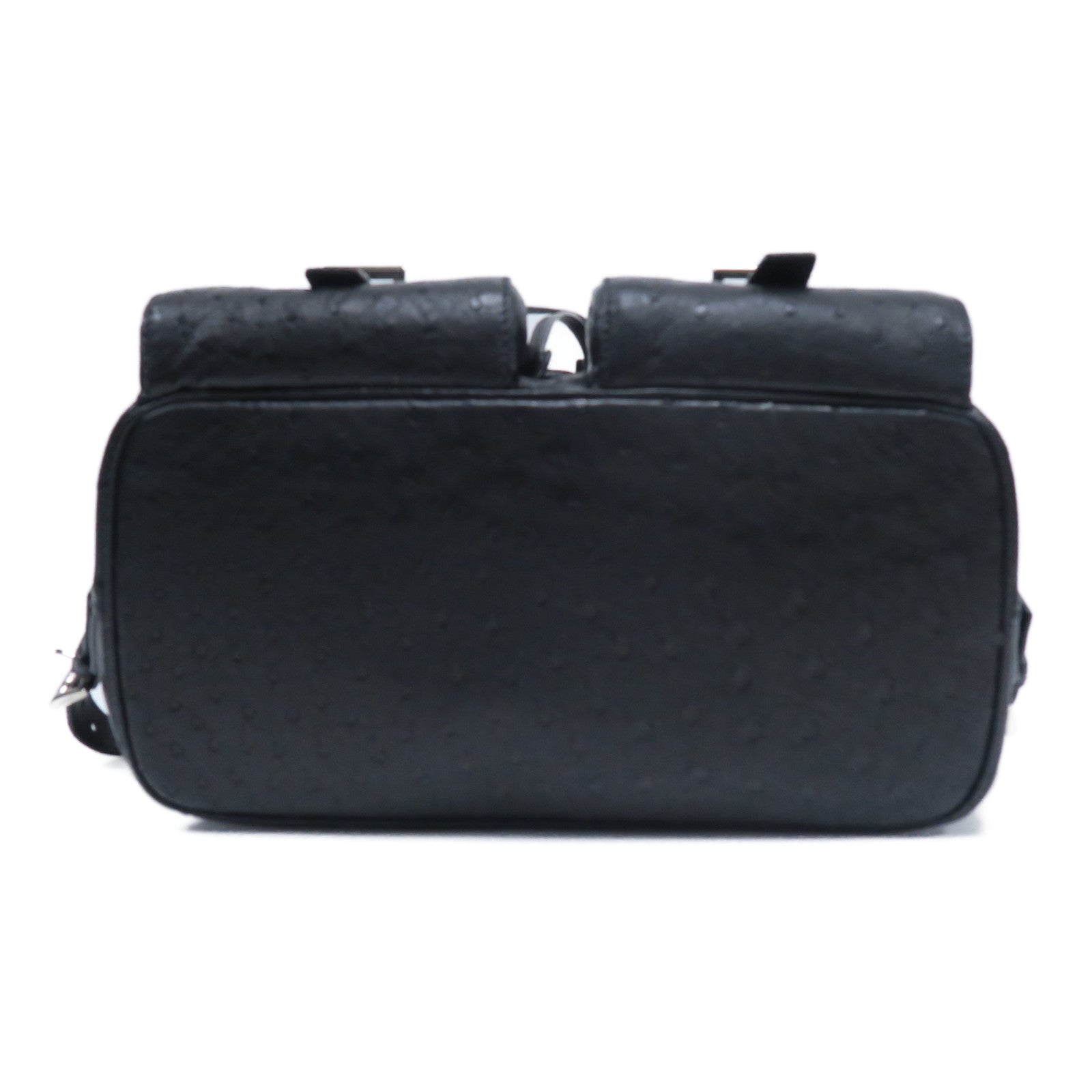 PRADA Ostrich皮革Backpack銀扣背包黑色