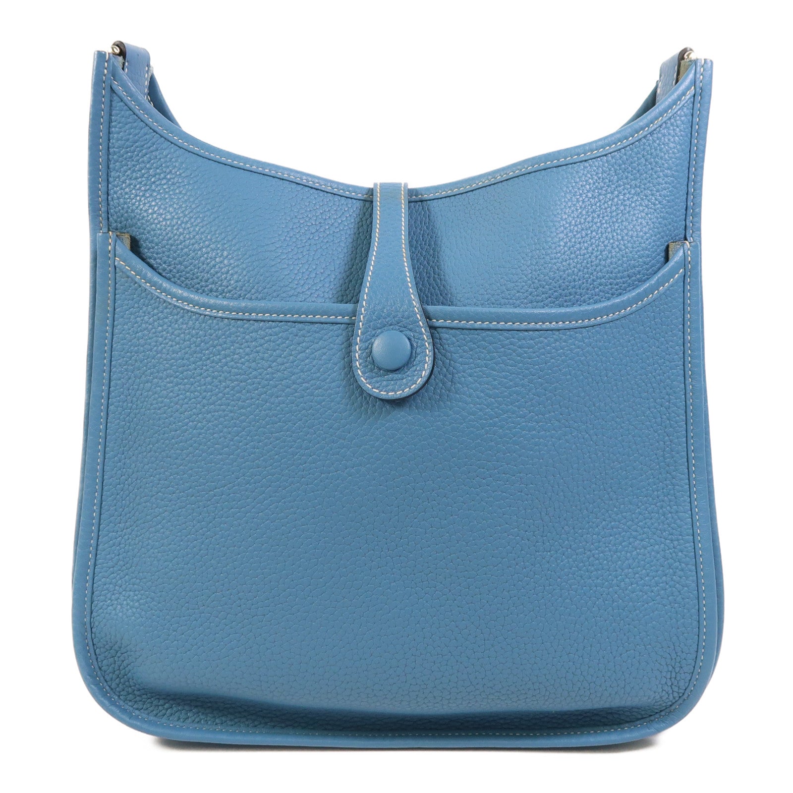 HERMES Clemence皮革Evelyne PM銀扣肩背袋Bleu Jean