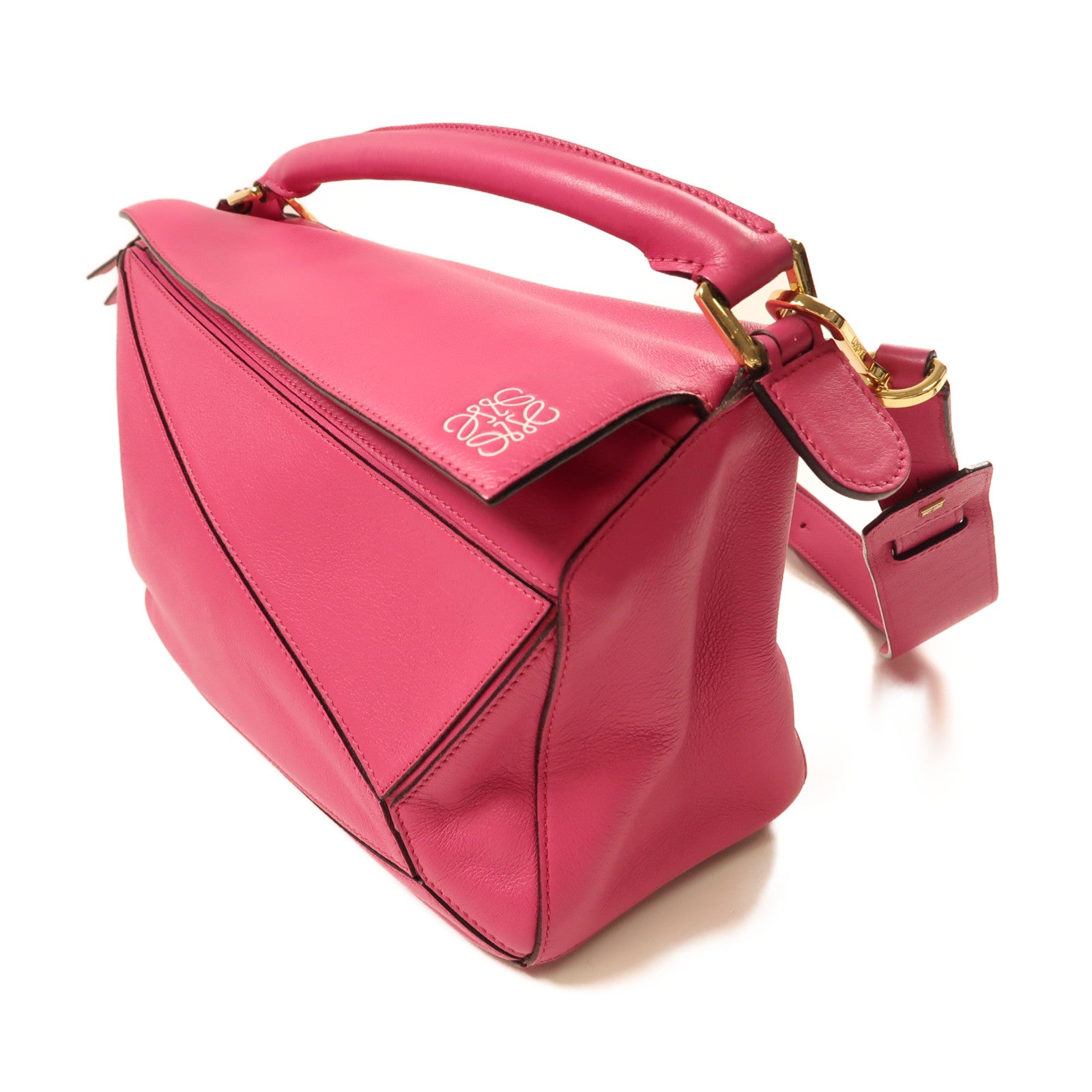 LOEWE 牛皮皮革Puzzle Medium金扣肩背袋粉紅色