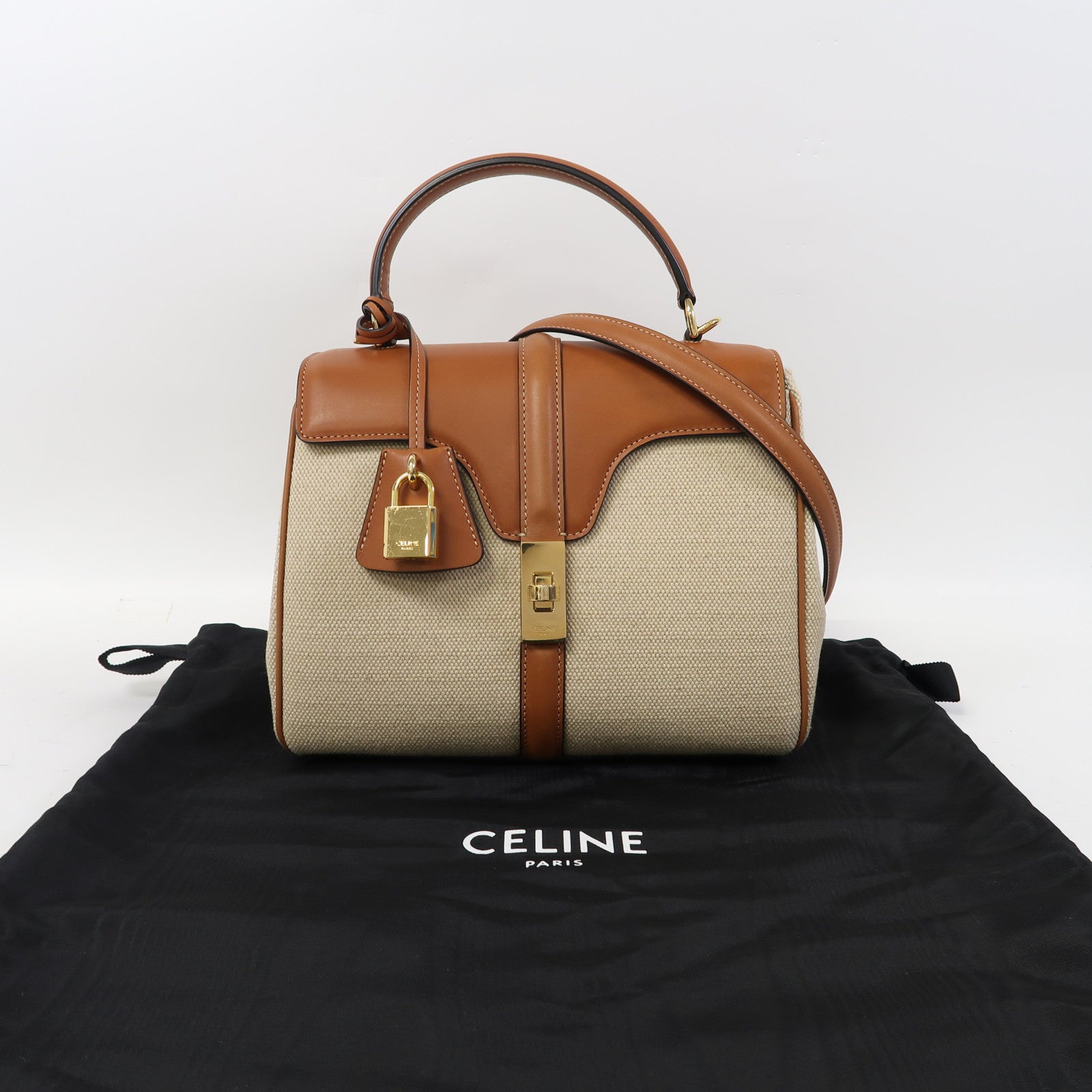 CELINE 帆布Small 16金扣手挽肩背兩用袋啡色/米色