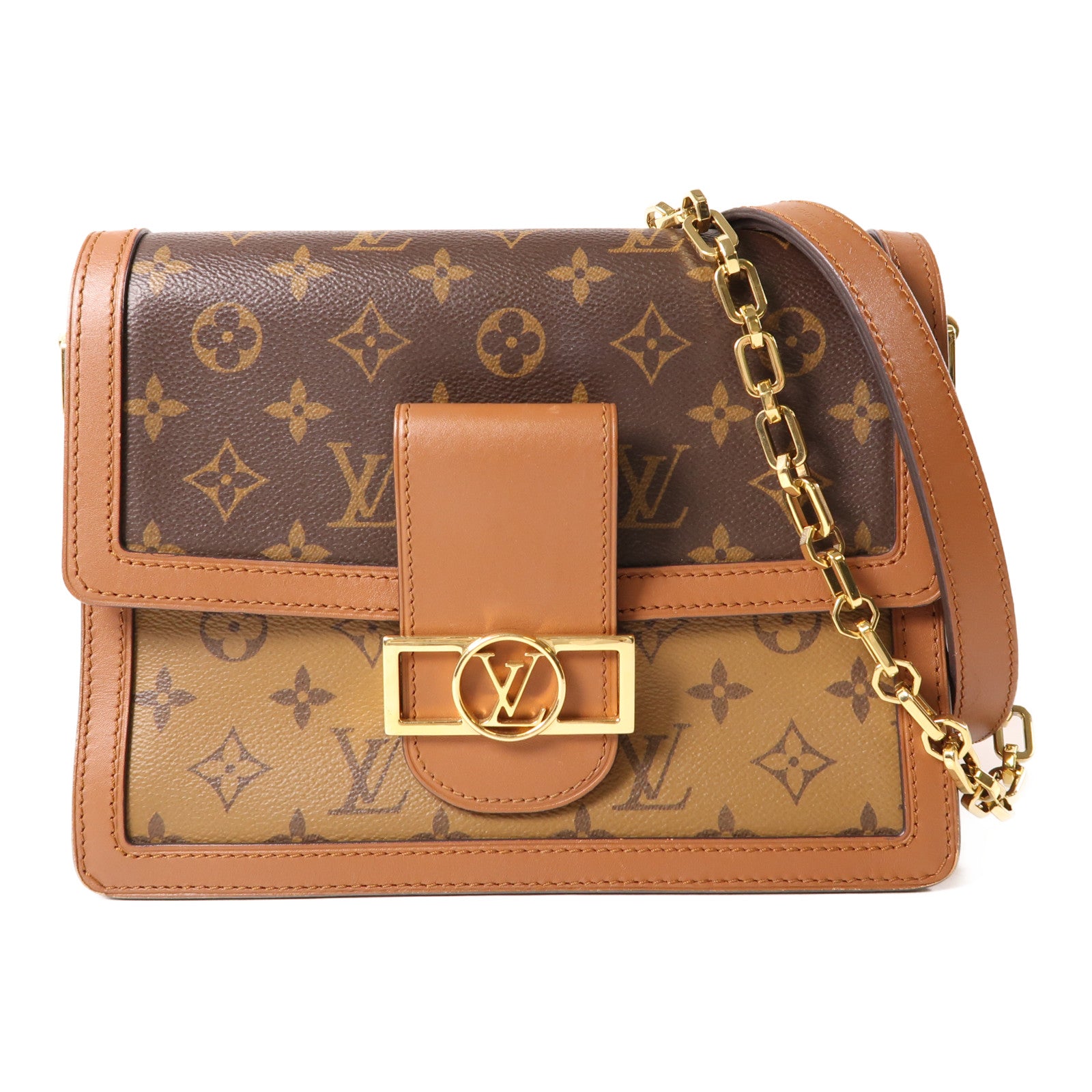 LOUIS VUITTON Monogram/Monogram Reverse Dauphine MM金扣手挽肩背兩用袋棕色